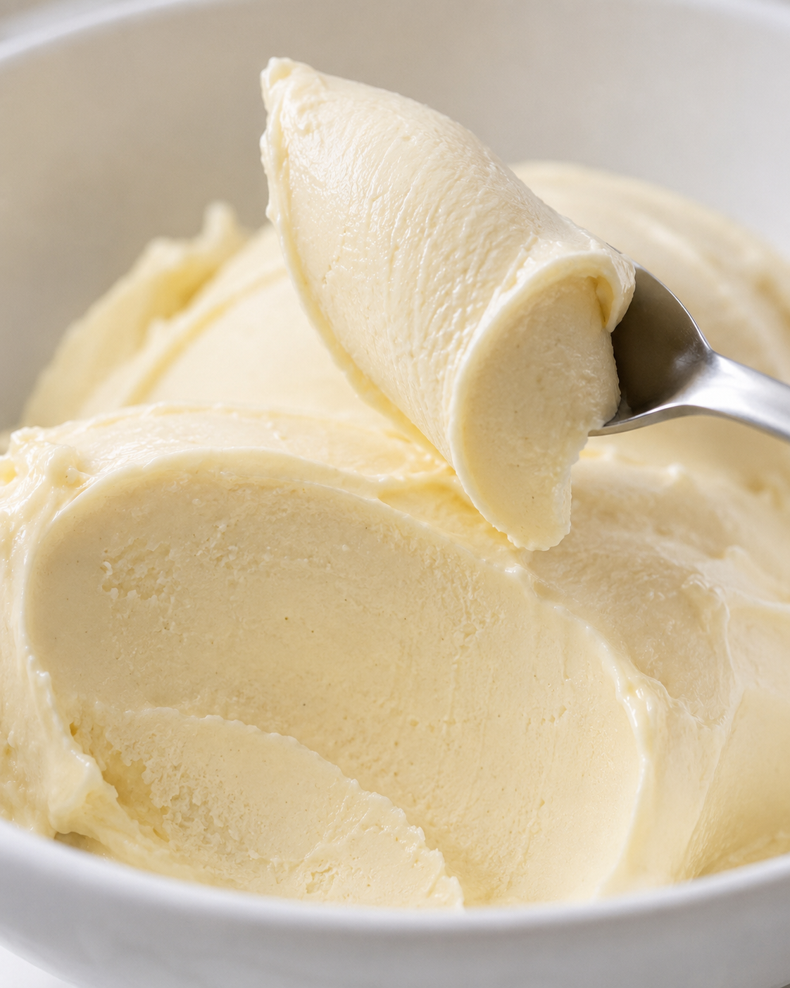 Close-up of dense silky gelato alla crema with a smooth fine texture and no visible ice crystals