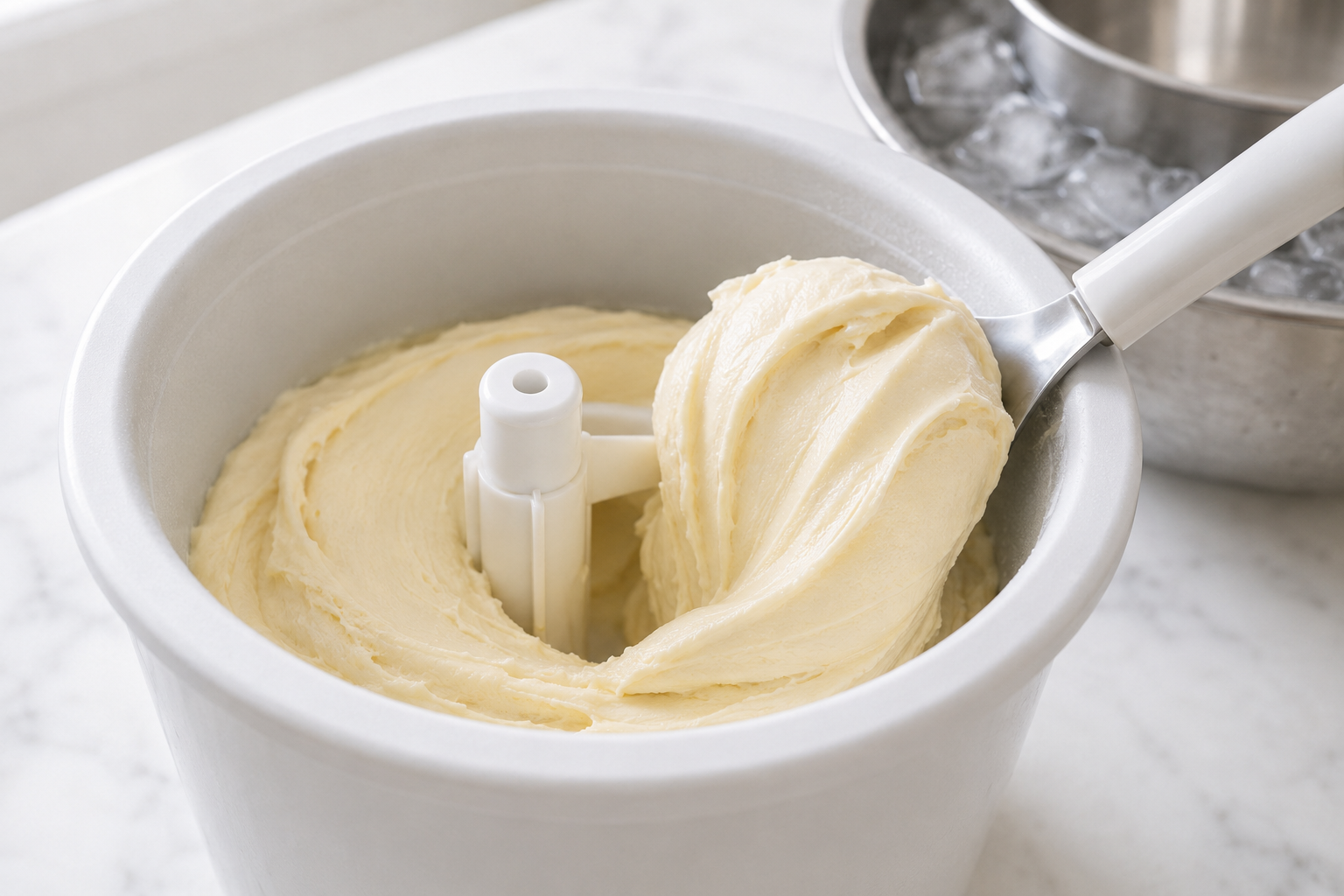 Freshly churned gelato forming dense satin folds in a home ice cream machine