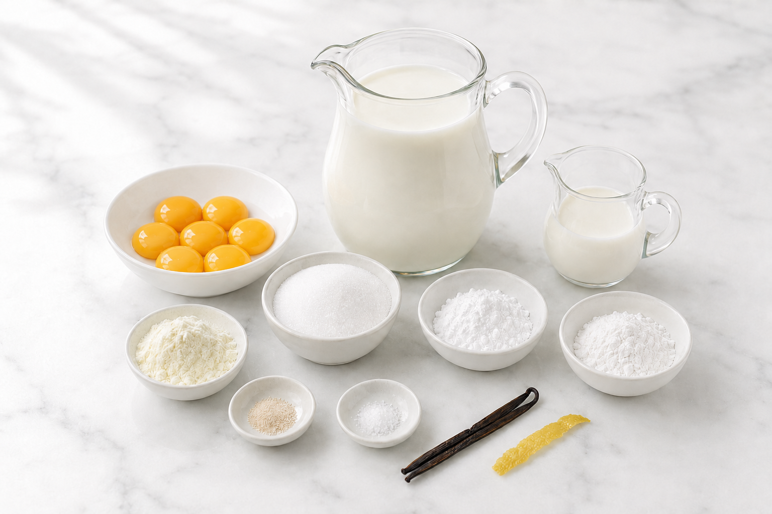 Ingredients for gelato alla crema arranged with milk, cream, six egg yolks, sugars, milk powder, vanilla, and lemon peel