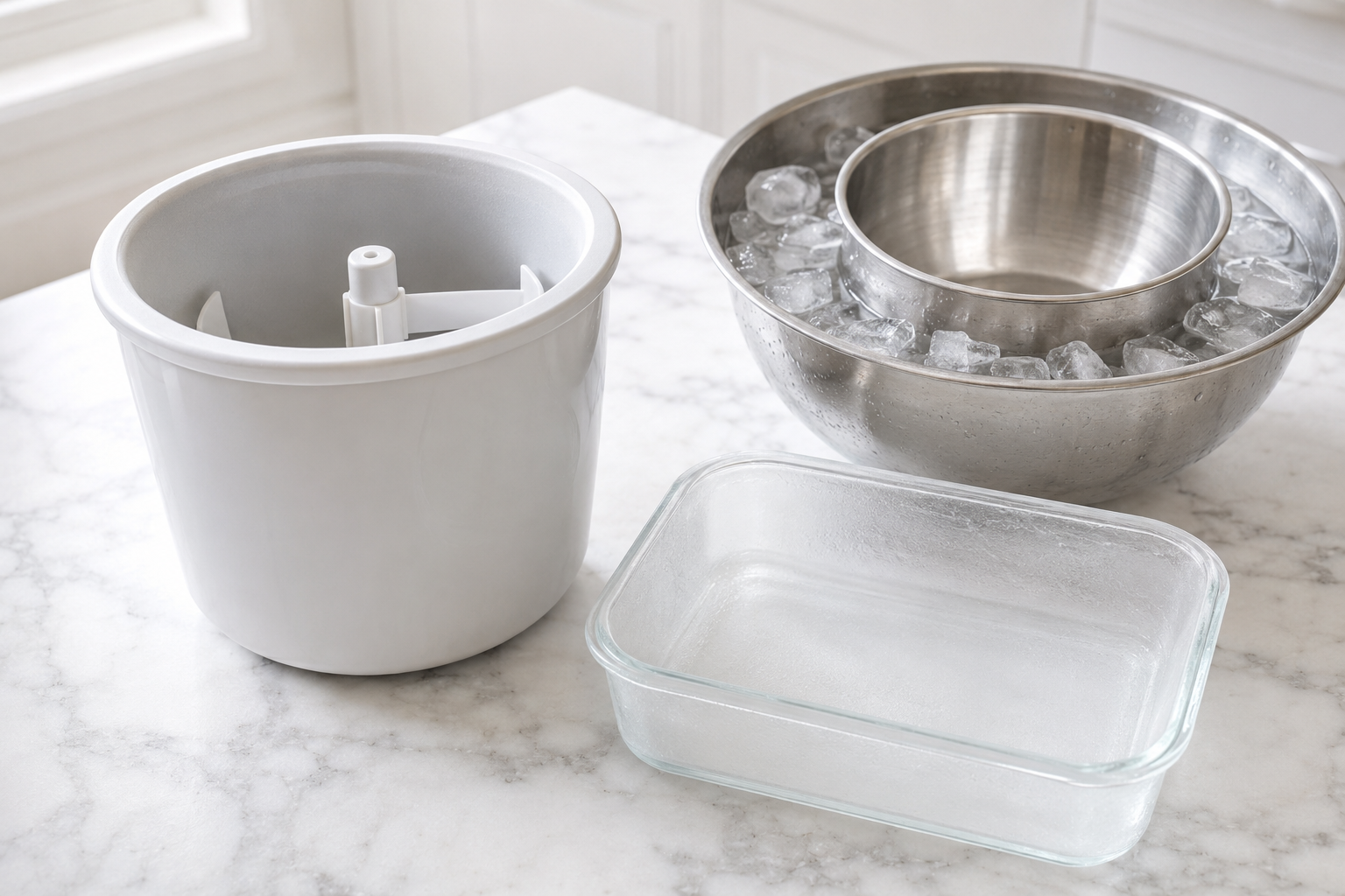 Home ice cream machine, chilled storage container, and ice bath prepared for making gelato