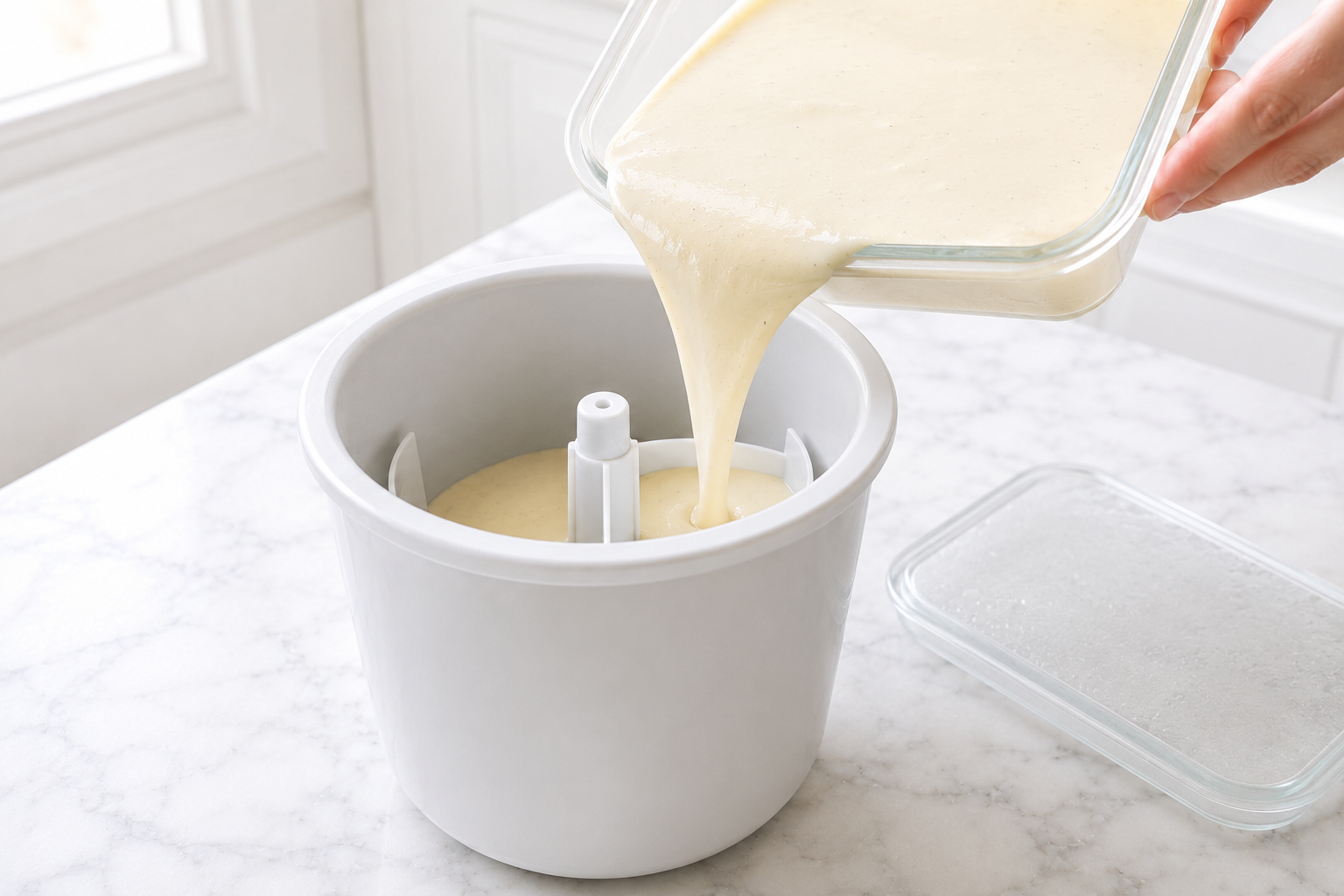 Cold matured gelato base pouring in a smooth continuous ribbon into a home ice cream machine