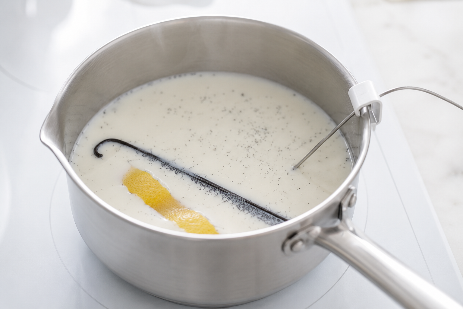 Whole milk warming with vanilla bean and one strip of lemon peel for gelato alla crema