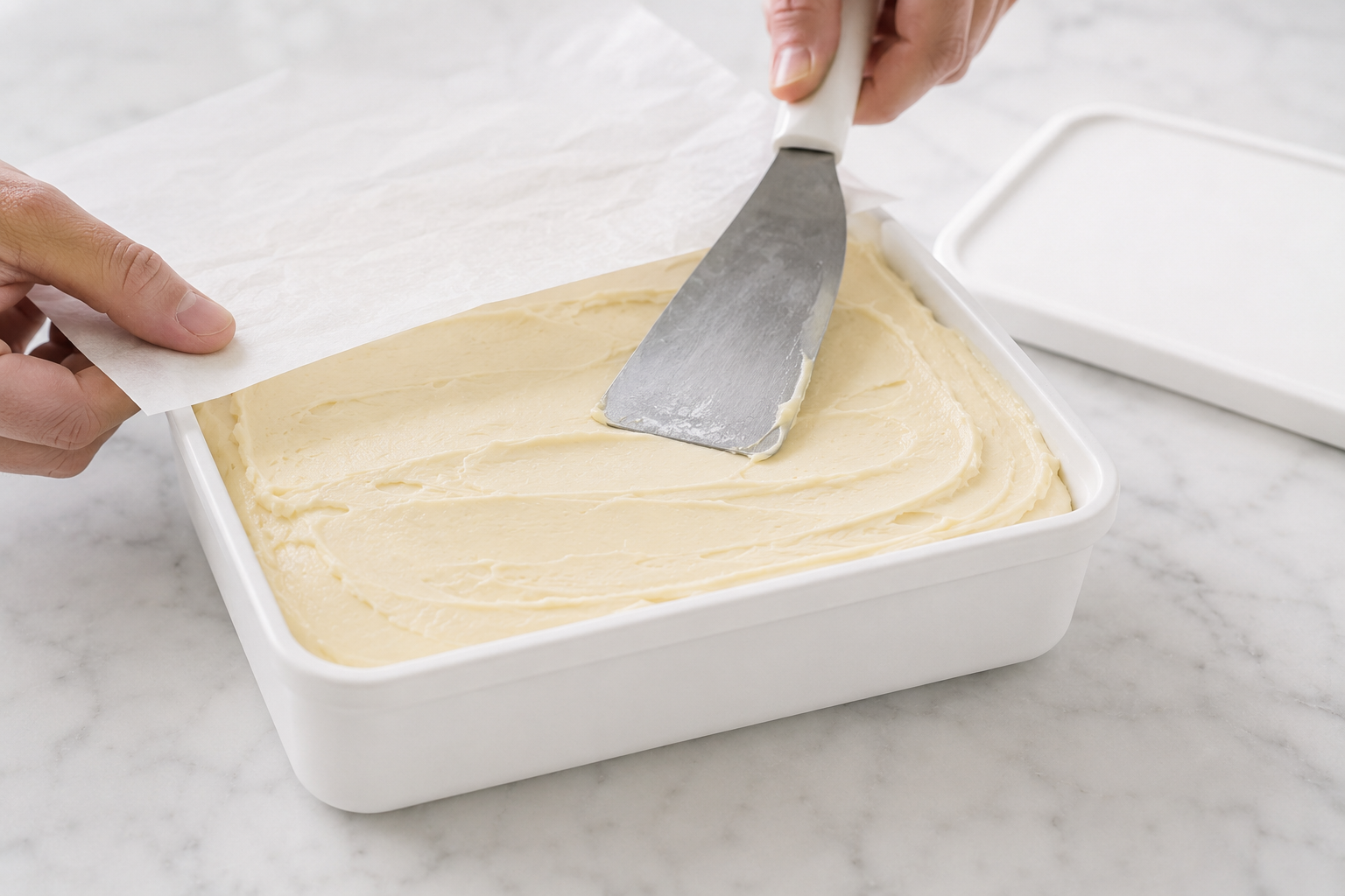 Gelato packed into a shallow container with its surface being covered before hardening
