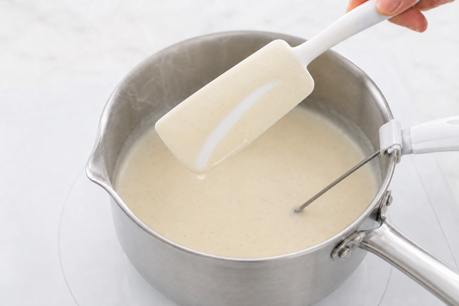 Cooked gelato base lightly coating a spatula with a clean line through the thin film