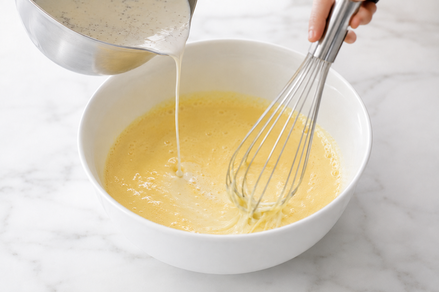 Warm dairy mixture poured slowly into egg yolks while whisking to temper them