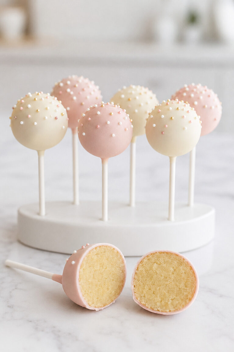 Homemade vanilla cake pops with smooth candy coating and a cut-open cake pop showing the moist center