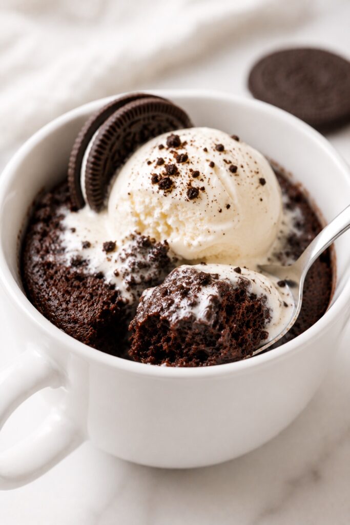 Oreo Mug Cake served with ice cream