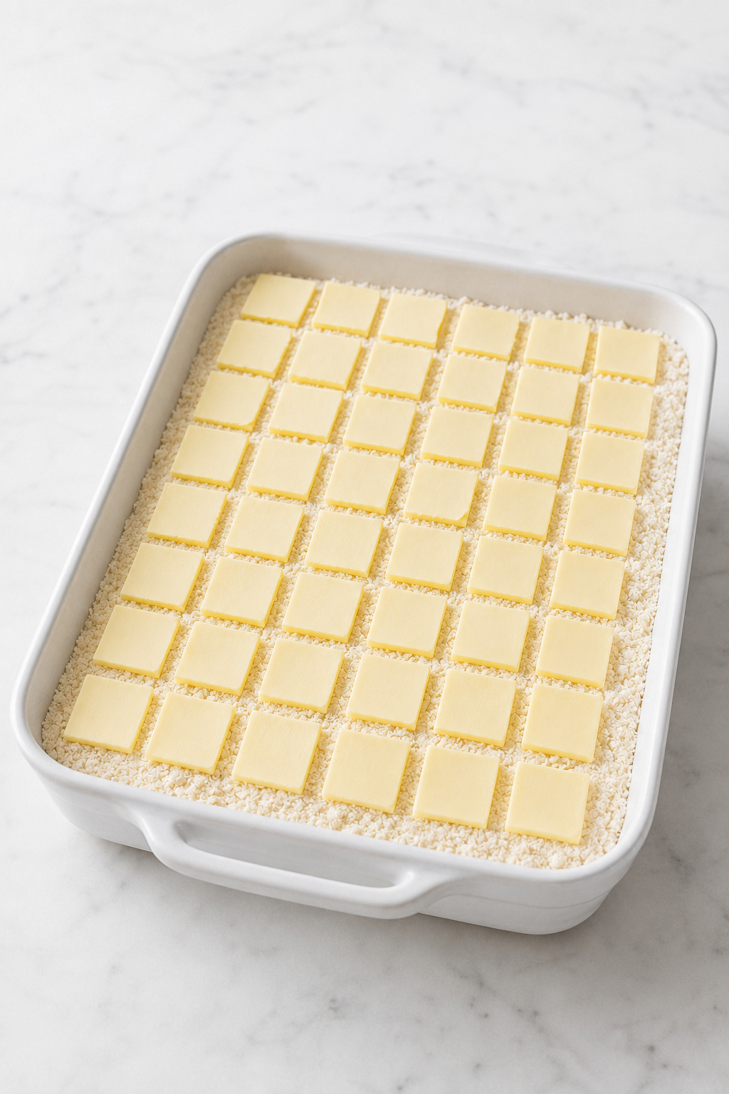 Unstirred Peach Dump Cake layers ready for the oven with even butter coverage.