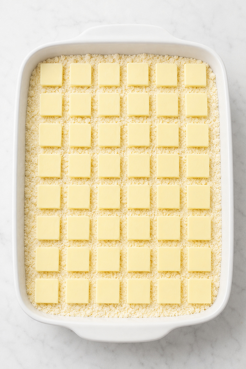 Forty-eight thin butter pats arranged in an exact 6 by 8 grid over dry cake mix.