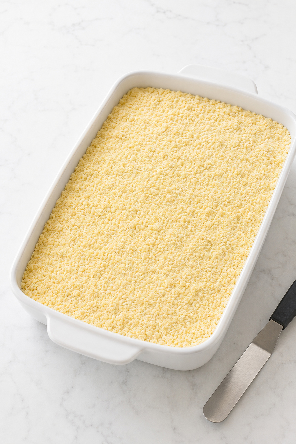 Dry yellow cake mix spread in a loose, level layer over peaches without stirring.