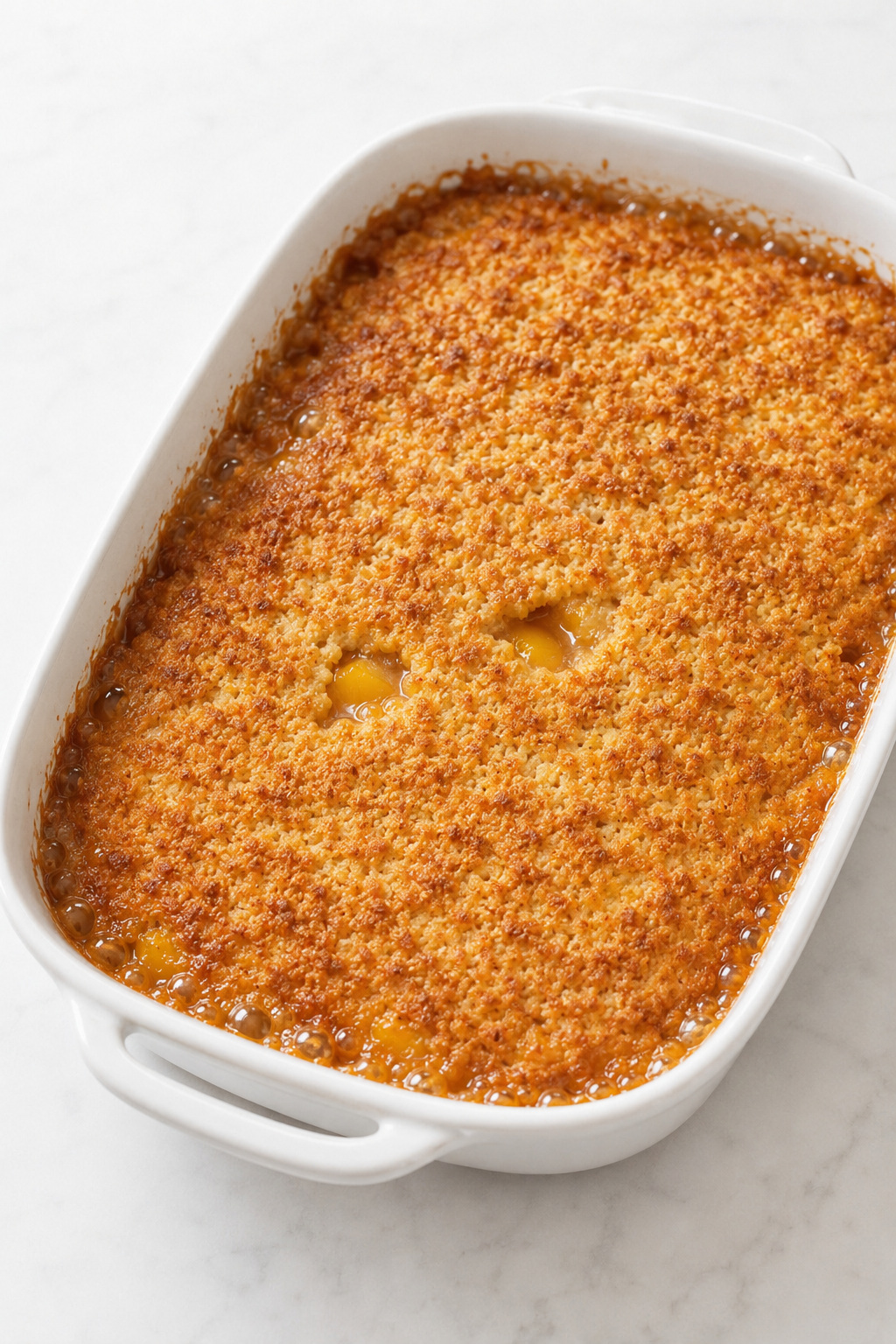 Peach Dump Cake bubbling at the edges and through the center as the topping turns deep golden.