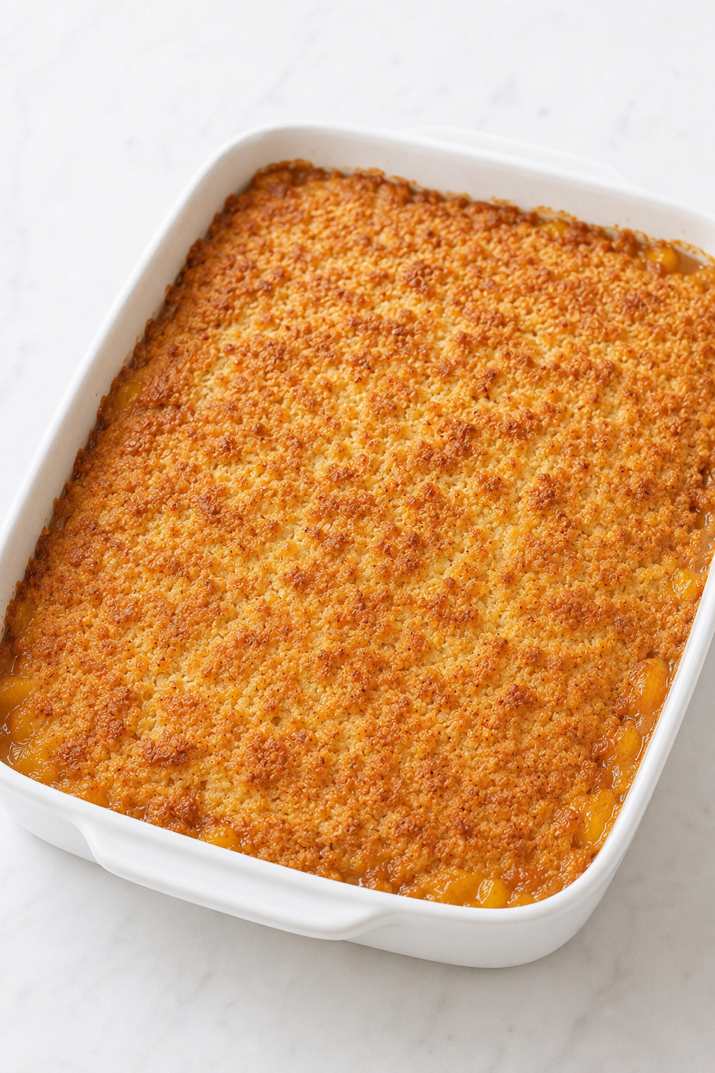 Fully baked Peach Dump Cake with a mostly deep-golden topping and no broad dry cake-mix patches.