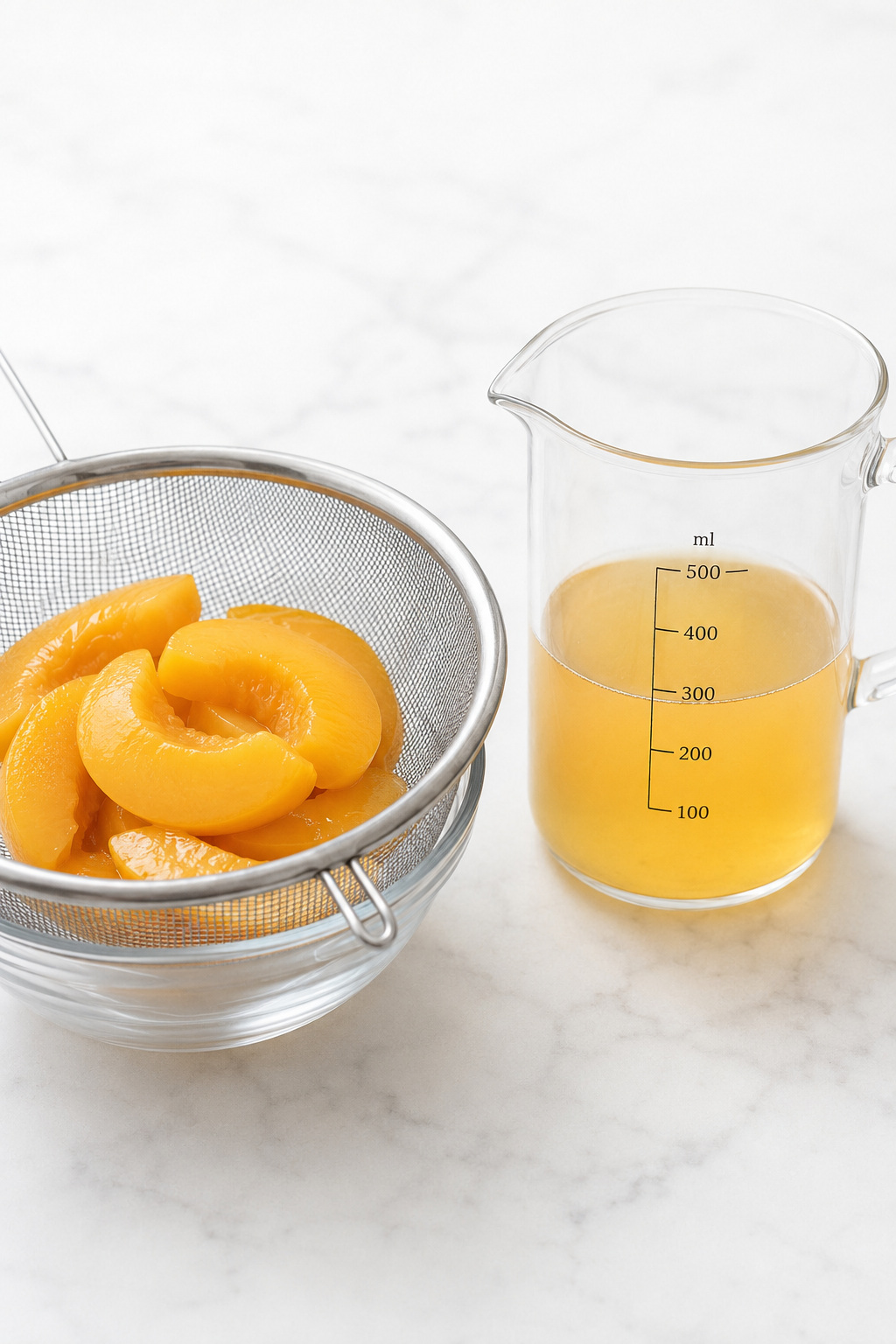 Canned peach slices draining over a bowl beside exactly 300 milliliters of reserved peach juice.