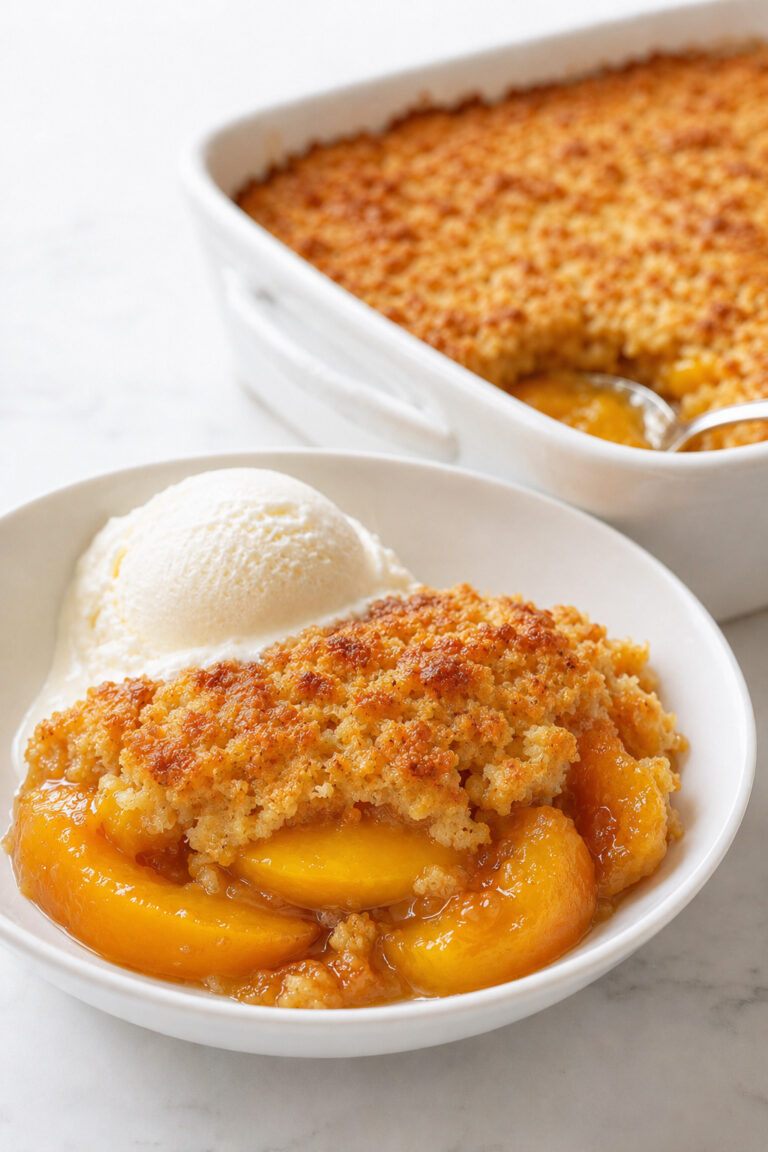 Warm Peach Dump Cake with golden cake-mix topping, tender peach slices, glossy sauce, and vanilla ice cream.