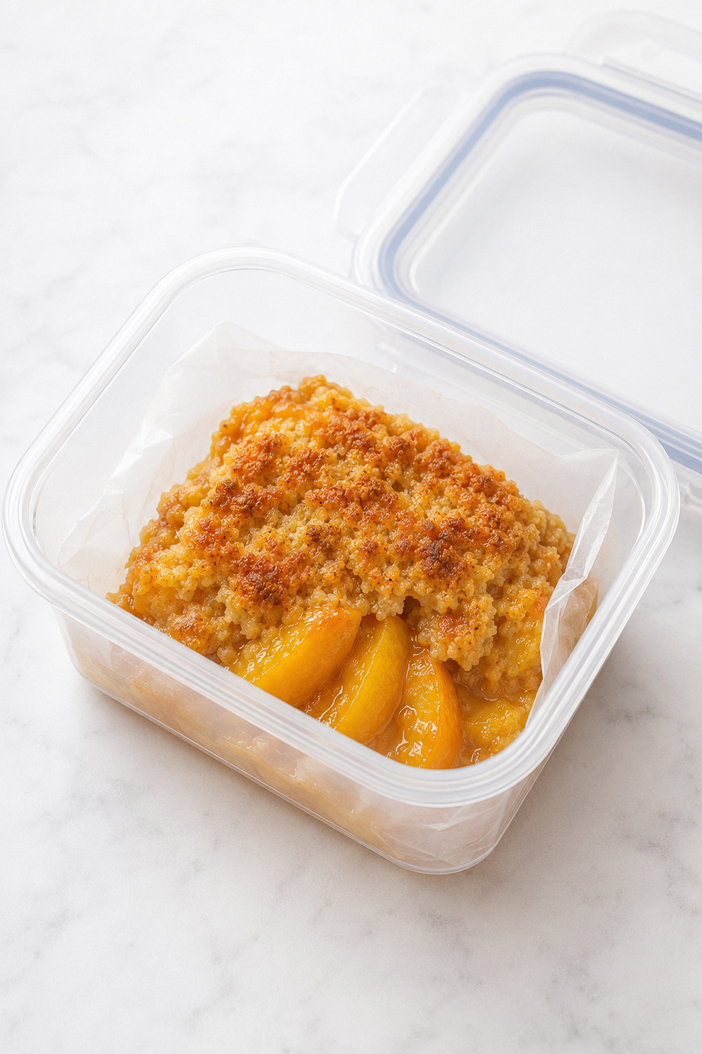 Individual cooled portion of Peach Dump Cake packed in a freezer-safe container.