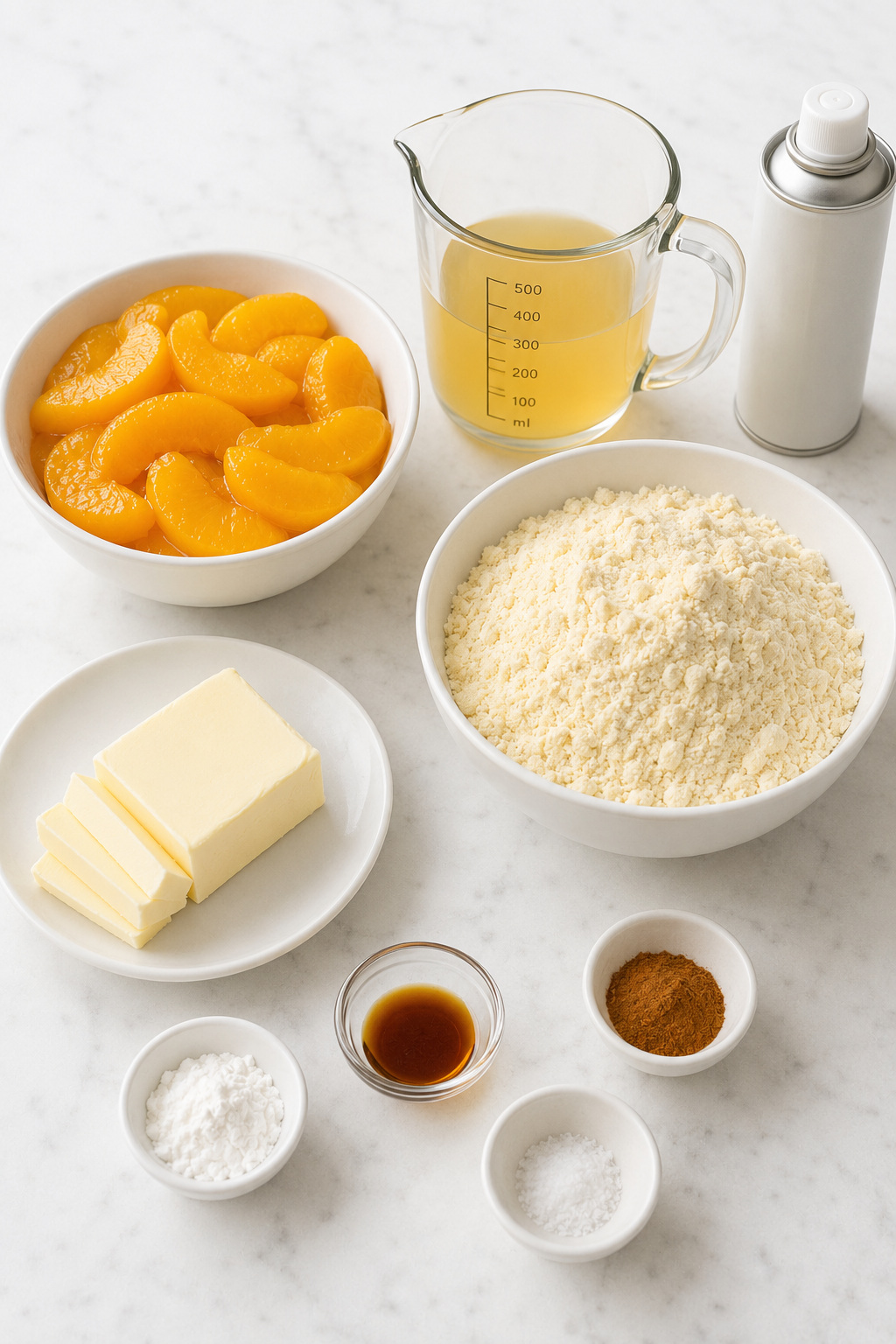 Ingredients for Peach Dump Cake, including canned peaches, measured peach juice, yellow cake mix, butter, and seasonings.