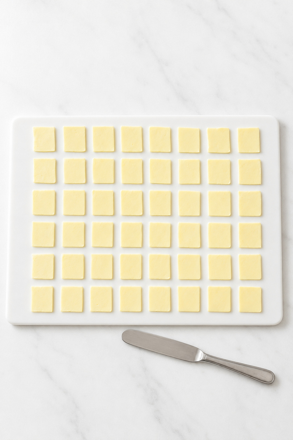 Cold butter cut into 48 paper-thin pats for even Peach Dump Cake coverage.