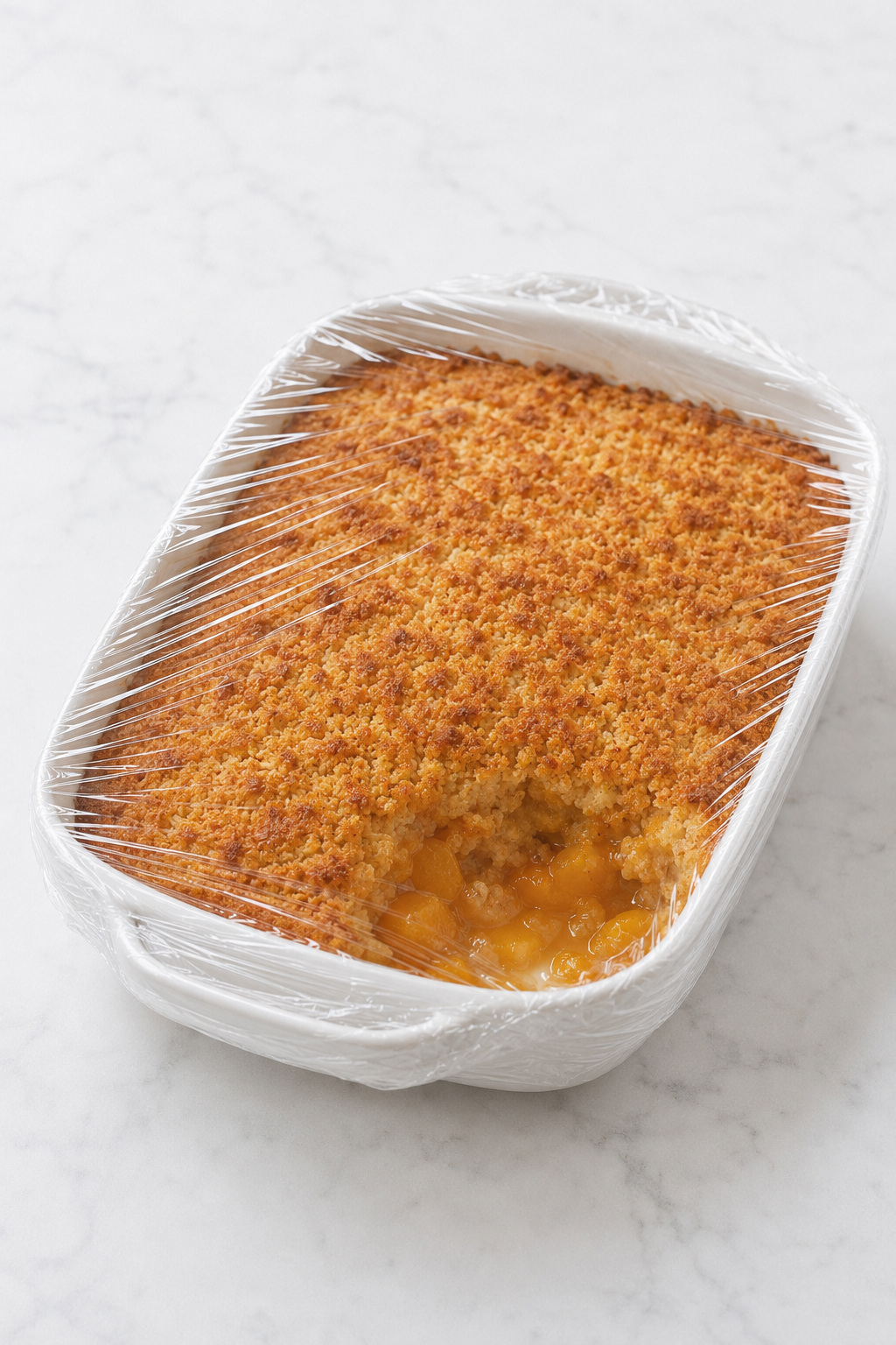 Cooled leftover Peach Dump Cake covered in its baking dish for refrigerator storage.