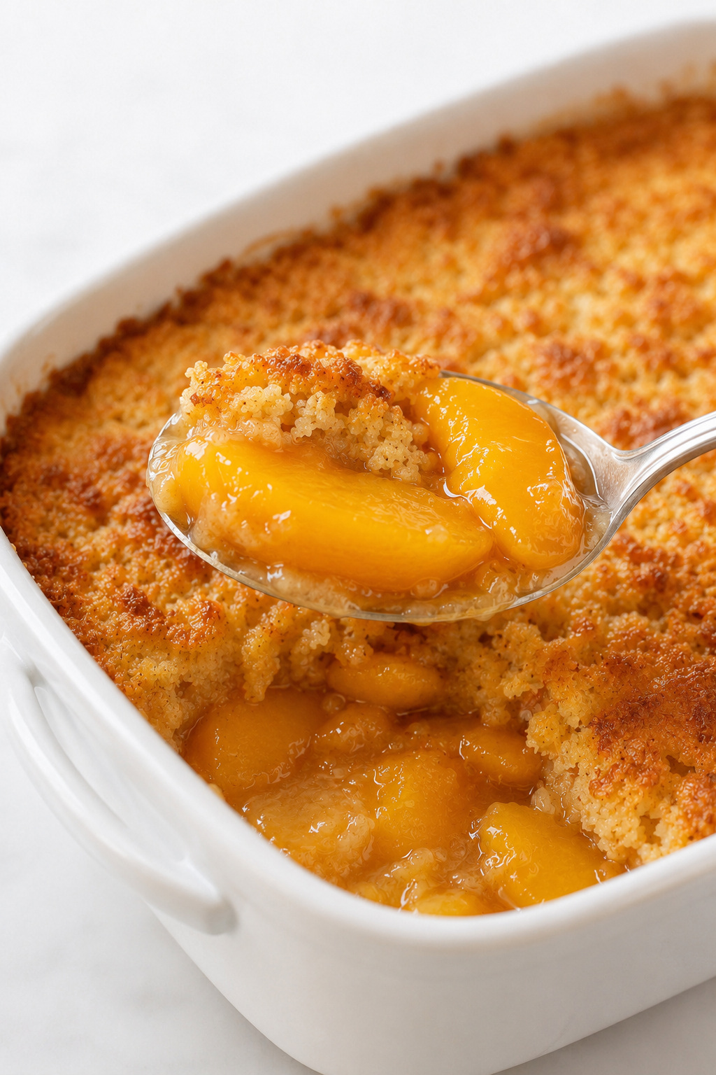 Rested Peach Dump Cake with glossy peach sauce coating the spoon instead of running freely.