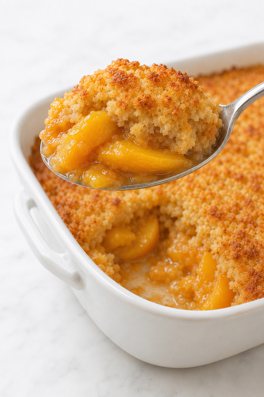 A serving spoon lifting an irregular warm scoop of Peach Dump Cake from the baking dish.