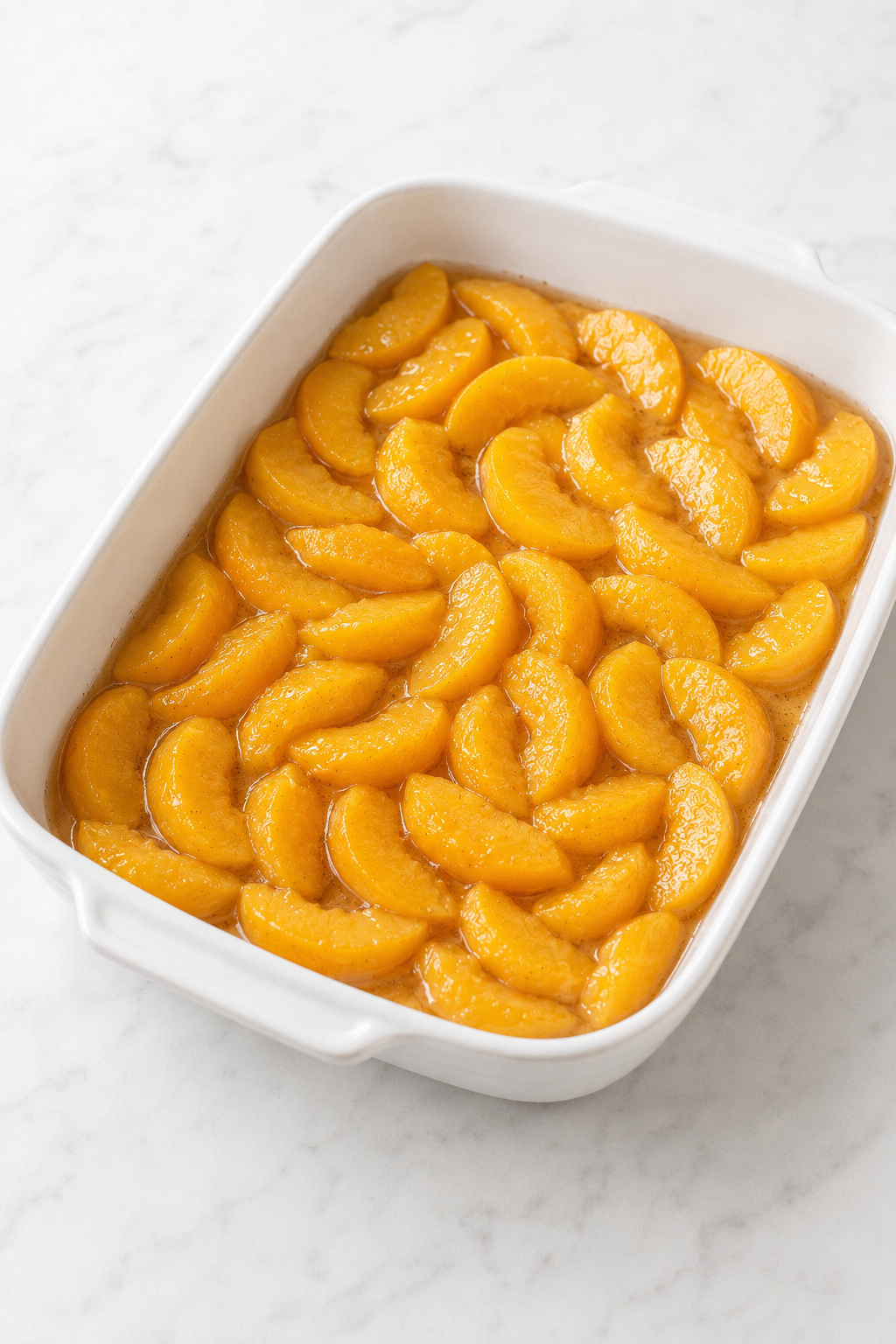 Even layer of canned peaches and seasoned juice in a white ceramic baking dish.
