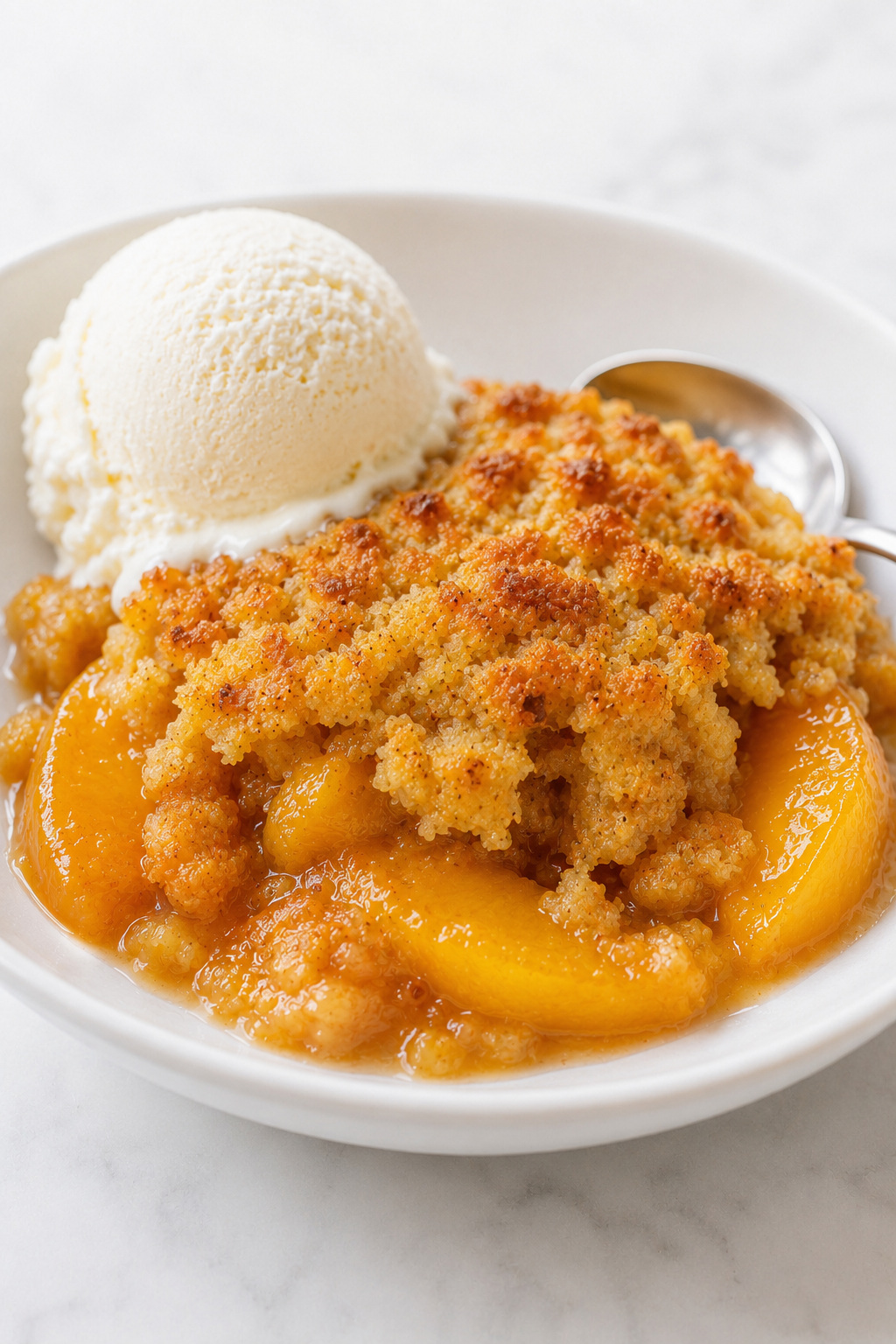 Warm Peach Dump Cake served in a shallow bowl with a small scoop of vanilla ice cream.