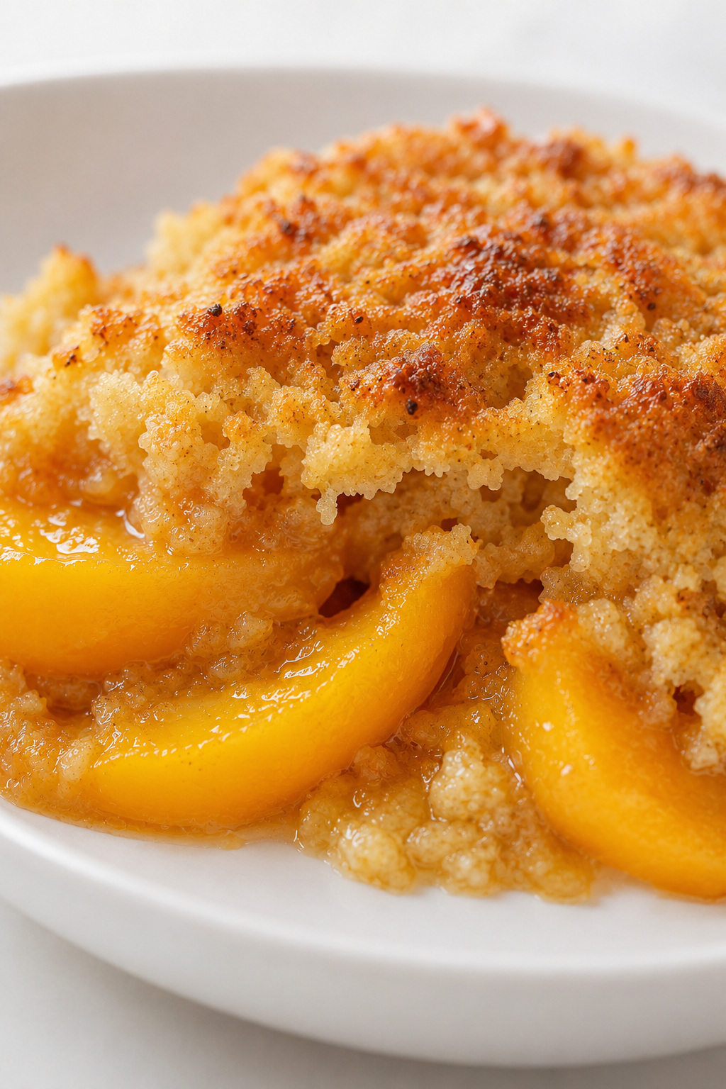 Close-up of Peach Dump Cake showing crisp golden topping, tender underside, peach slices, and glossy sauce.