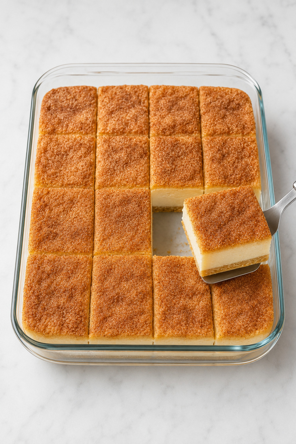 Sopapilla Cheesecake cut into 16 bars in a clear 9 × 13-inch glass baking dish, with one bar lifted.
