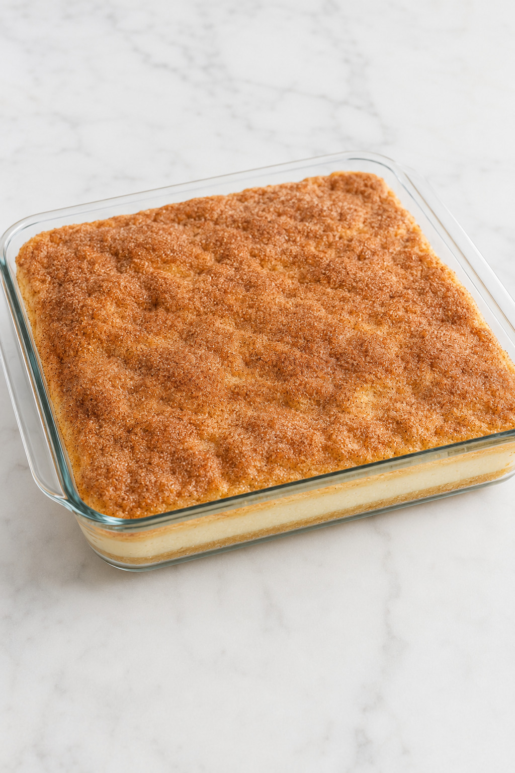 Fully baked Sopapilla Cheesecake with a deep-golden cinnamon top and light-golden bottom visible through the glass dish.