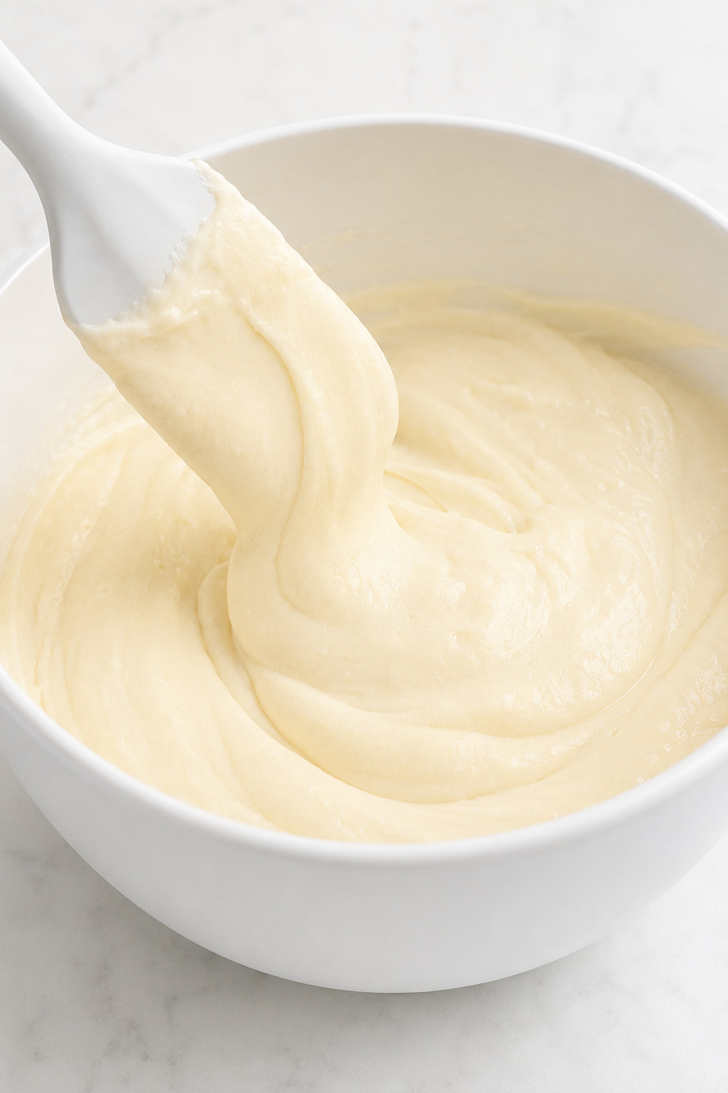 Smooth pale vanilla cheesecake filling falling slowly from a spatula.