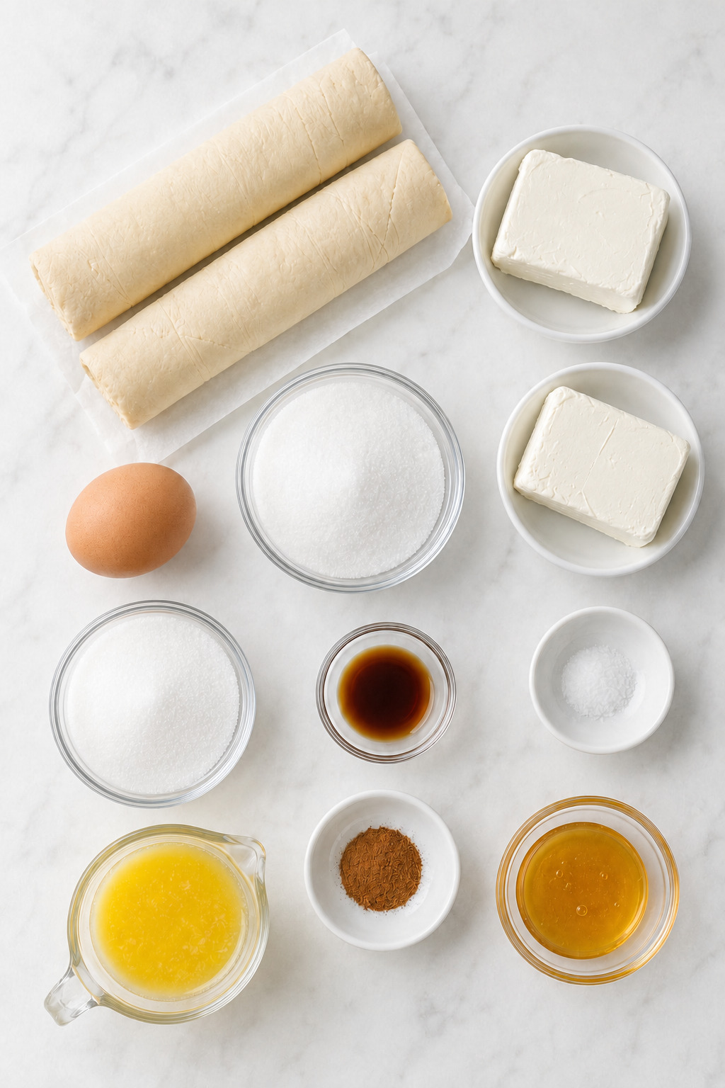Measured Sopapilla Cheesecake ingredients including crescent dough, cream cheese, egg, divided sugar, butter, cinnamon, vanilla, salt, and honey.