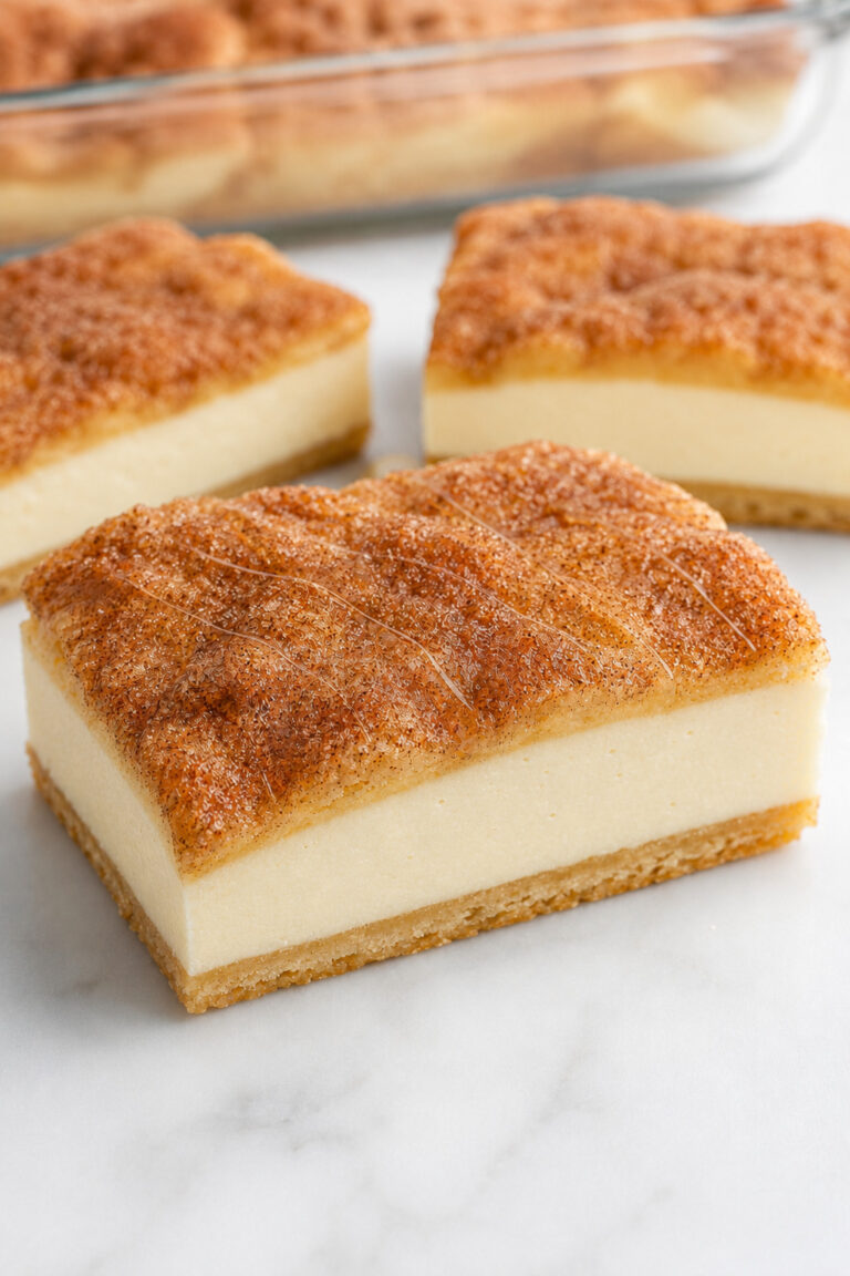 Sopapilla Cheesecake bar with golden crescent dough layers, creamy vanilla filling, cinnamon sugar, and a light honey drizzle.