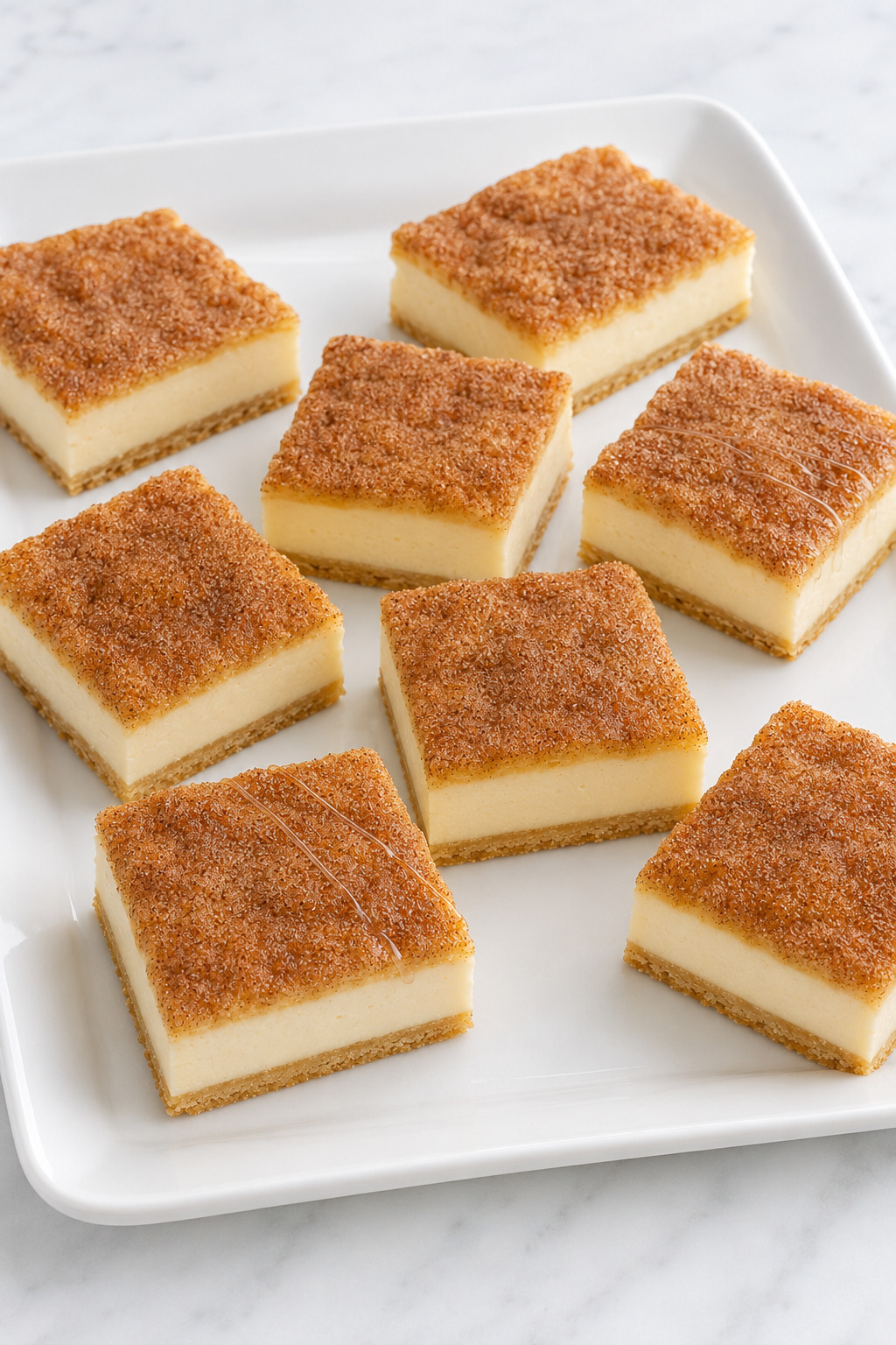 Sopapilla Cheesecake bars arranged in a single layer on a white serving tray.