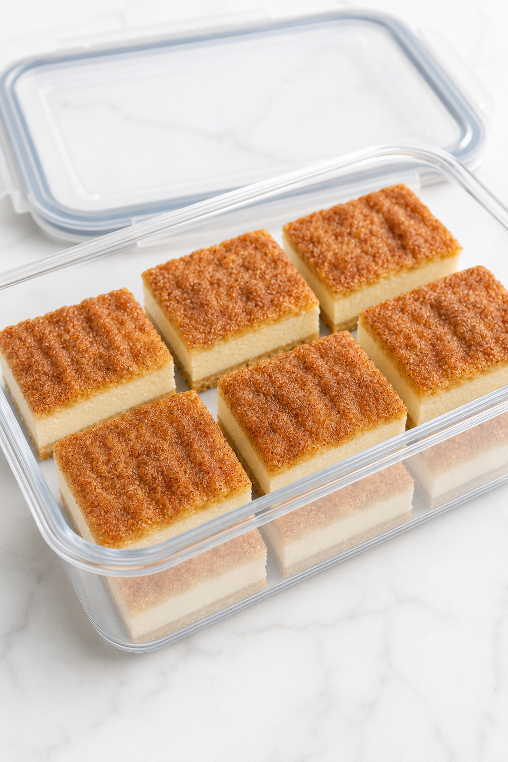 Undrizzled Sopapilla Cheesecake bars stored in one layer in an airtight container.