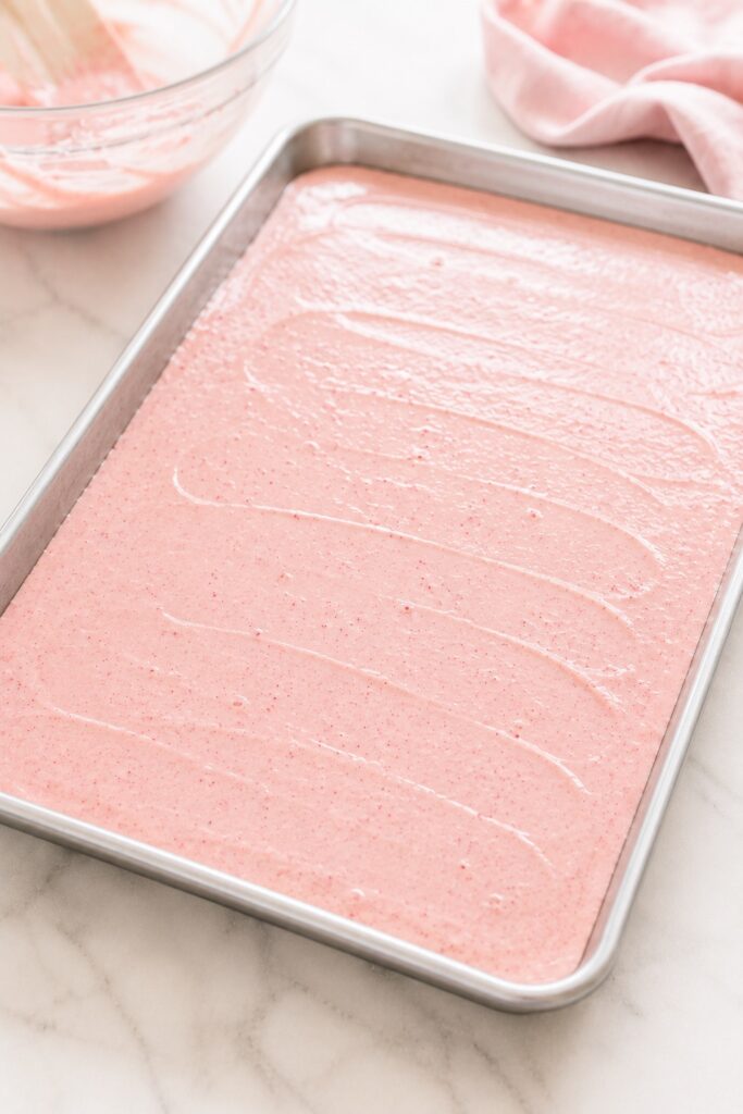 Strawberry Sheet Cake Batter in Pan