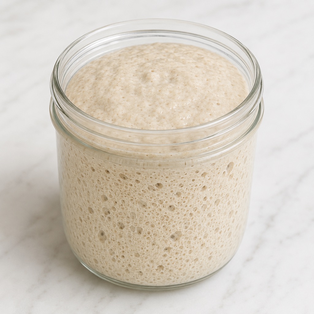 Active sourdough starter doubled in a jar with bubbles and a gently domed top