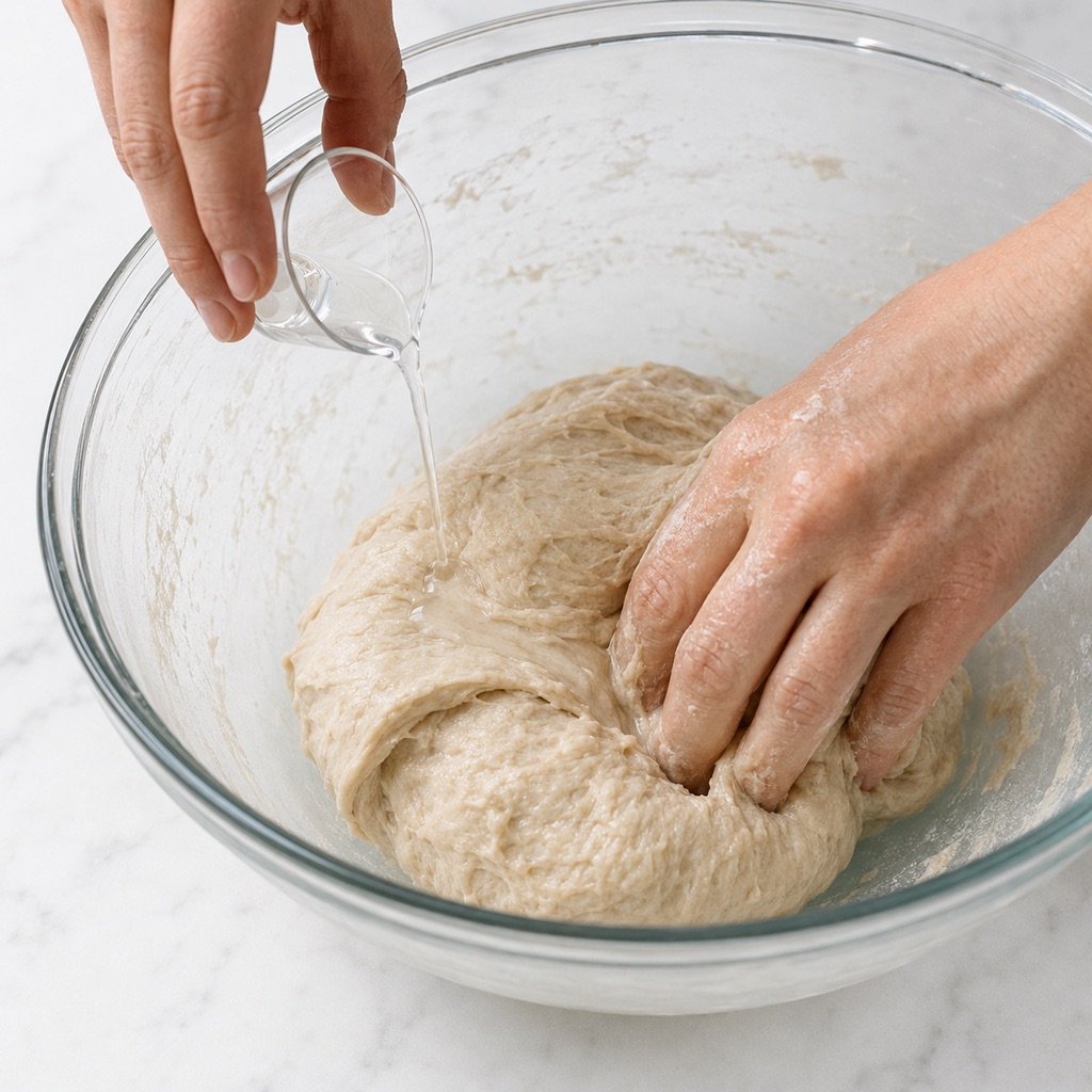 Adding dissolved sea salt and reserved water gradually to sourdough dough