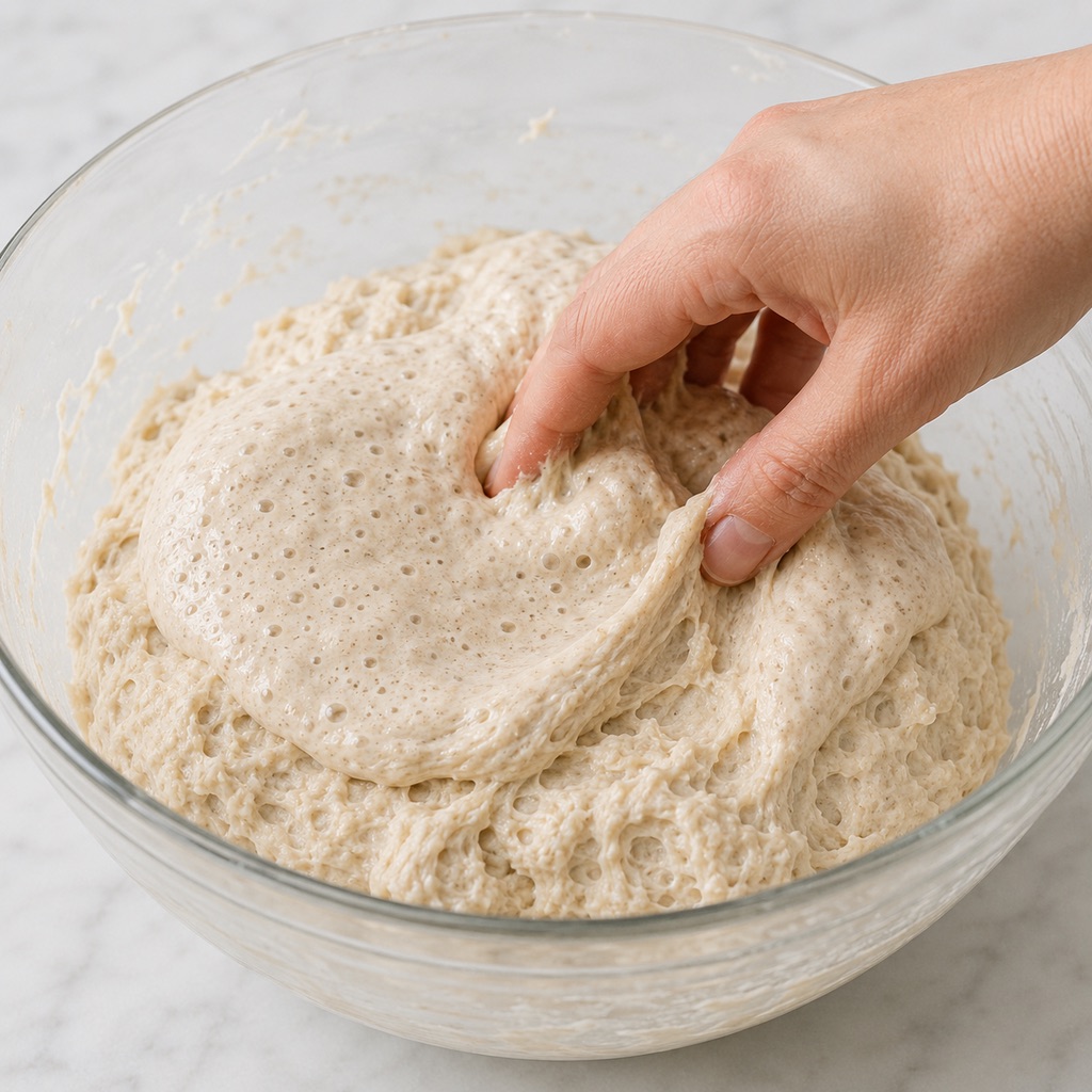Adding ripe sourdough starter to the hydrated bread flour mixture