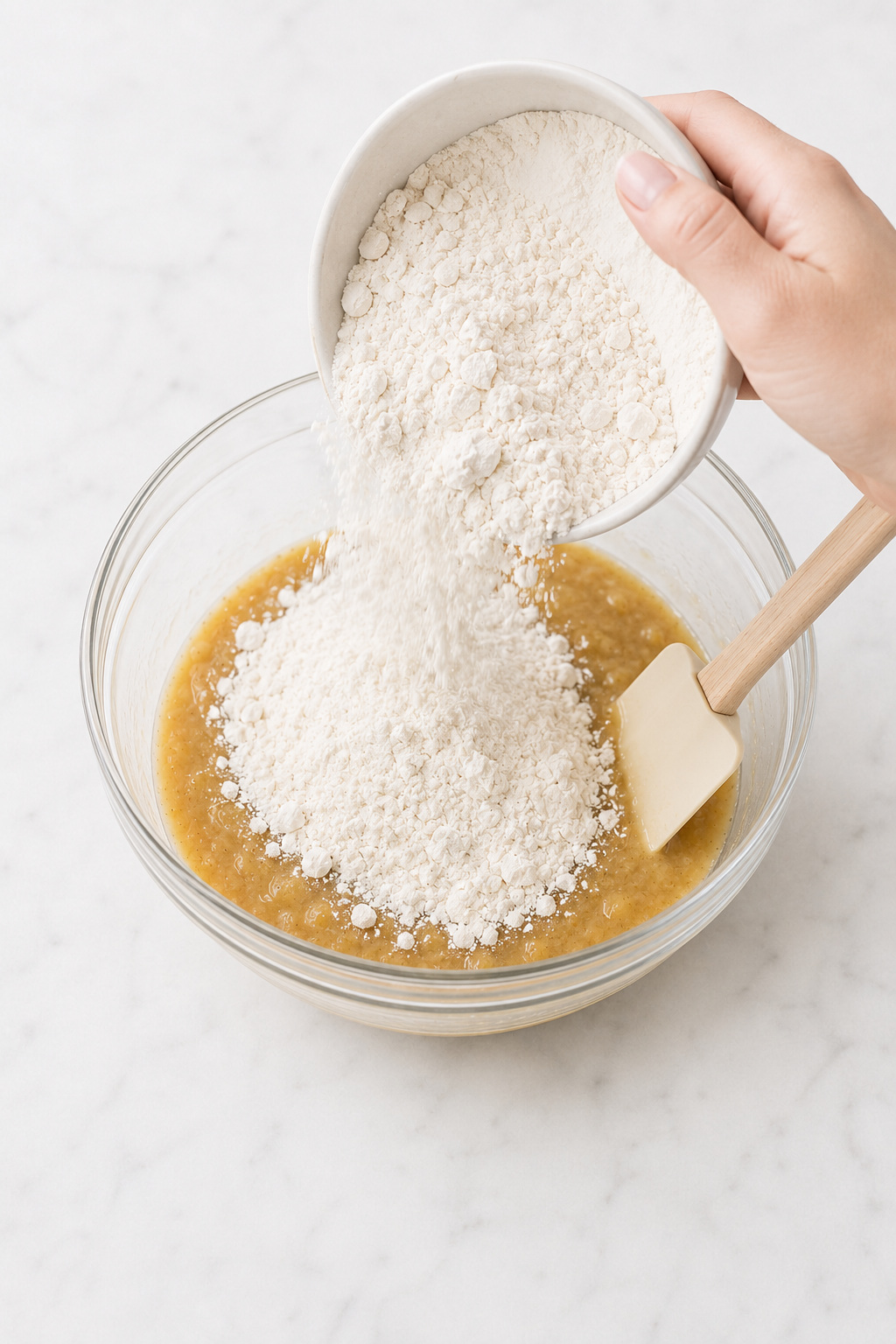 All-purpose flour being added to the banana muffin wet mixture.