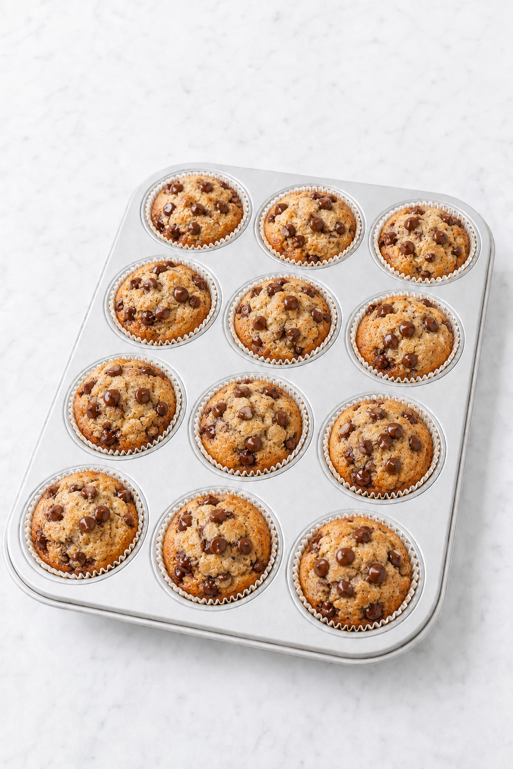 Twelve freshly baked banana chocolate chip muffins with softly rounded golden tops in the pan.