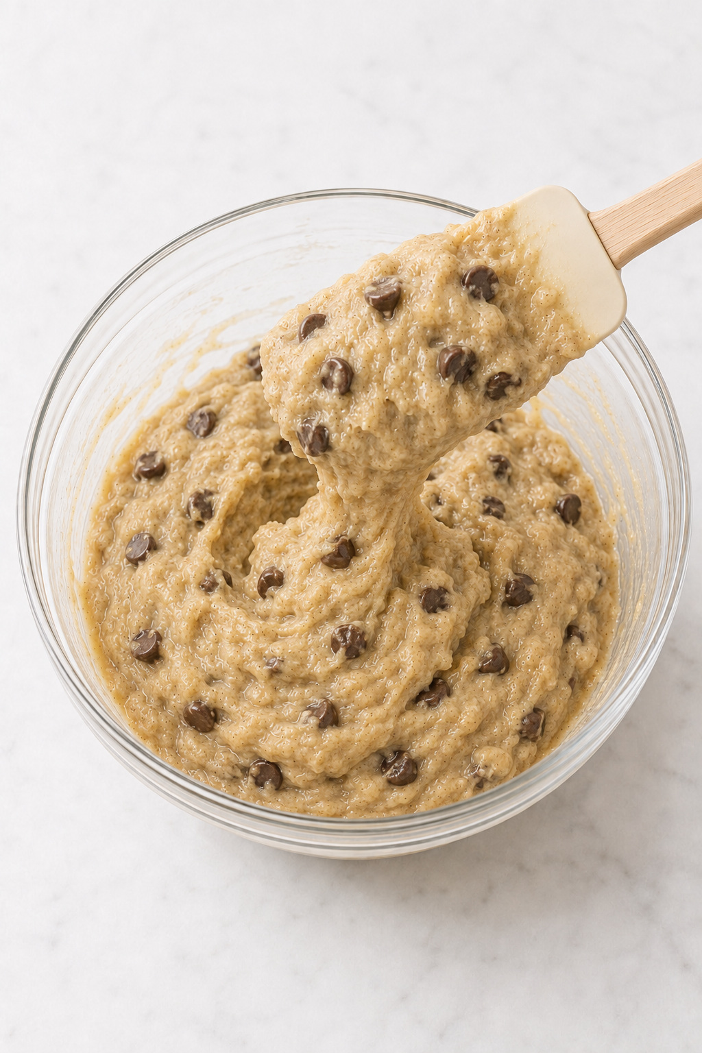 Thick banana muffin batter with semisweet chocolate chips folded in.