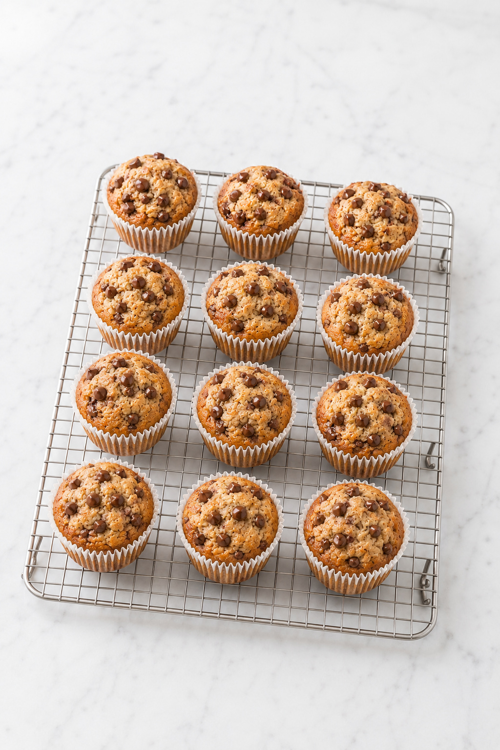 Freshly baked banana chocolate chip muffins cooling on a wire rack.