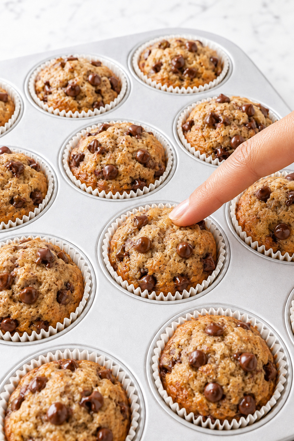 Gently pressing the center of a baked banana chocolate chip muffin to check doneness.