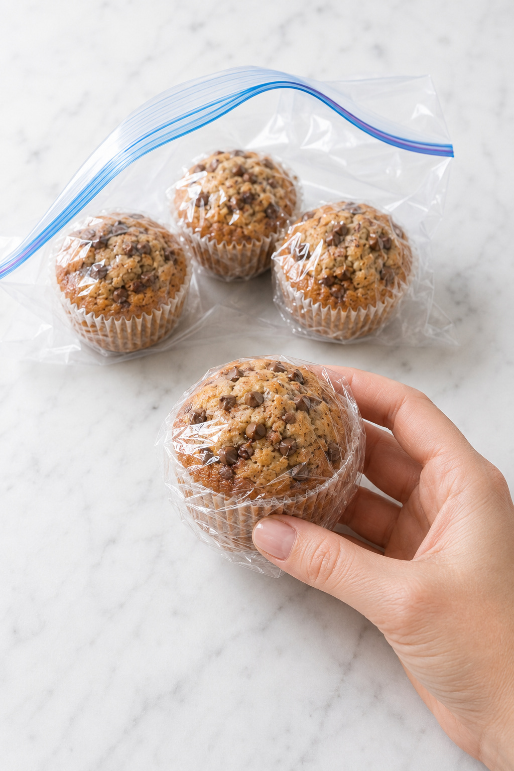 Banana chocolate chip muffins individually wrapped and placed in a freezer-safe bag.