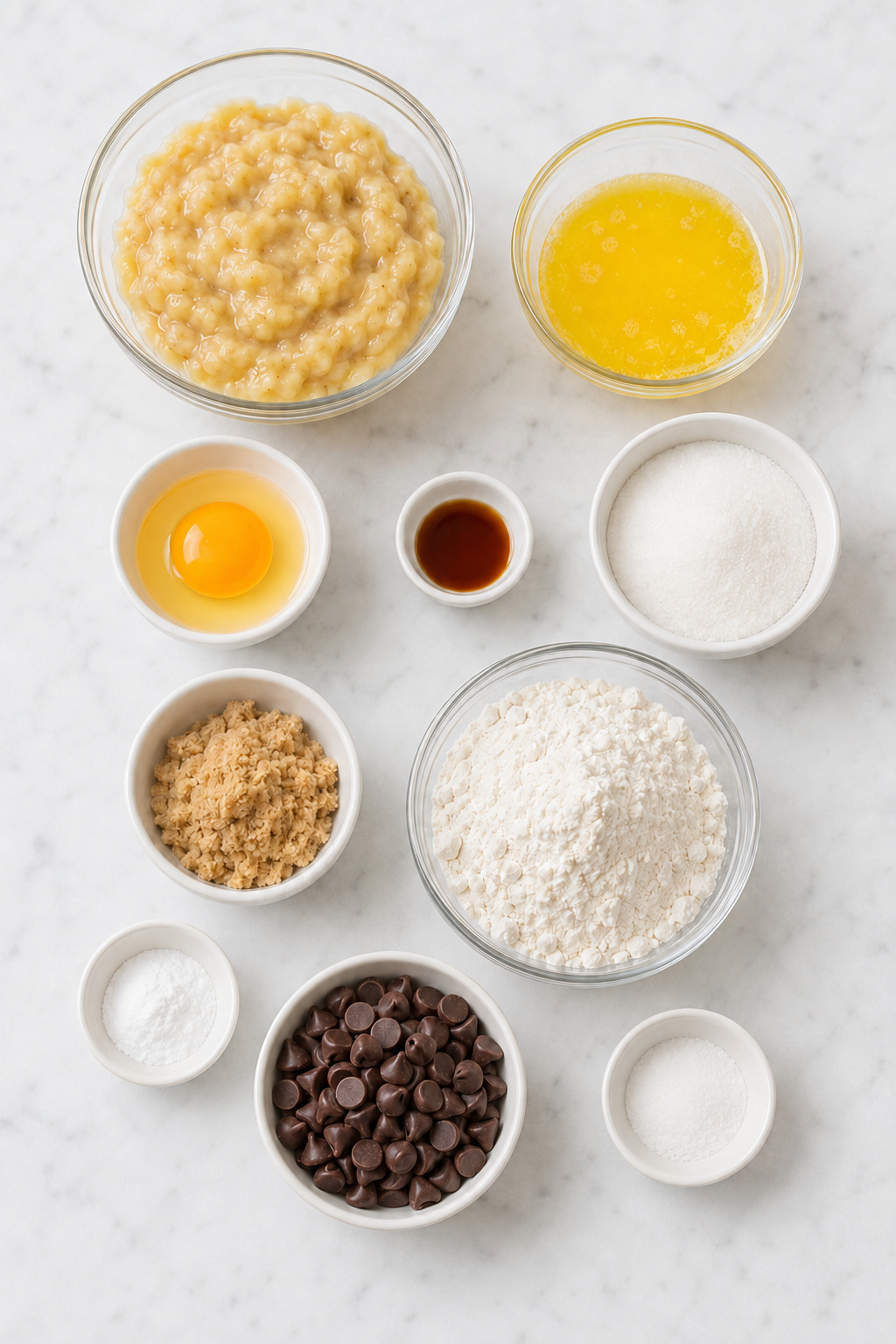 Ingredients for banana chocolate chip muffins arranged in measured bowls on white marble.