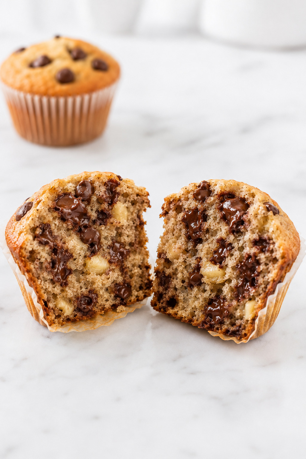 Split banana chocolate chip muffin showing a moist banana-bread-style crumb and chocolate pockets.