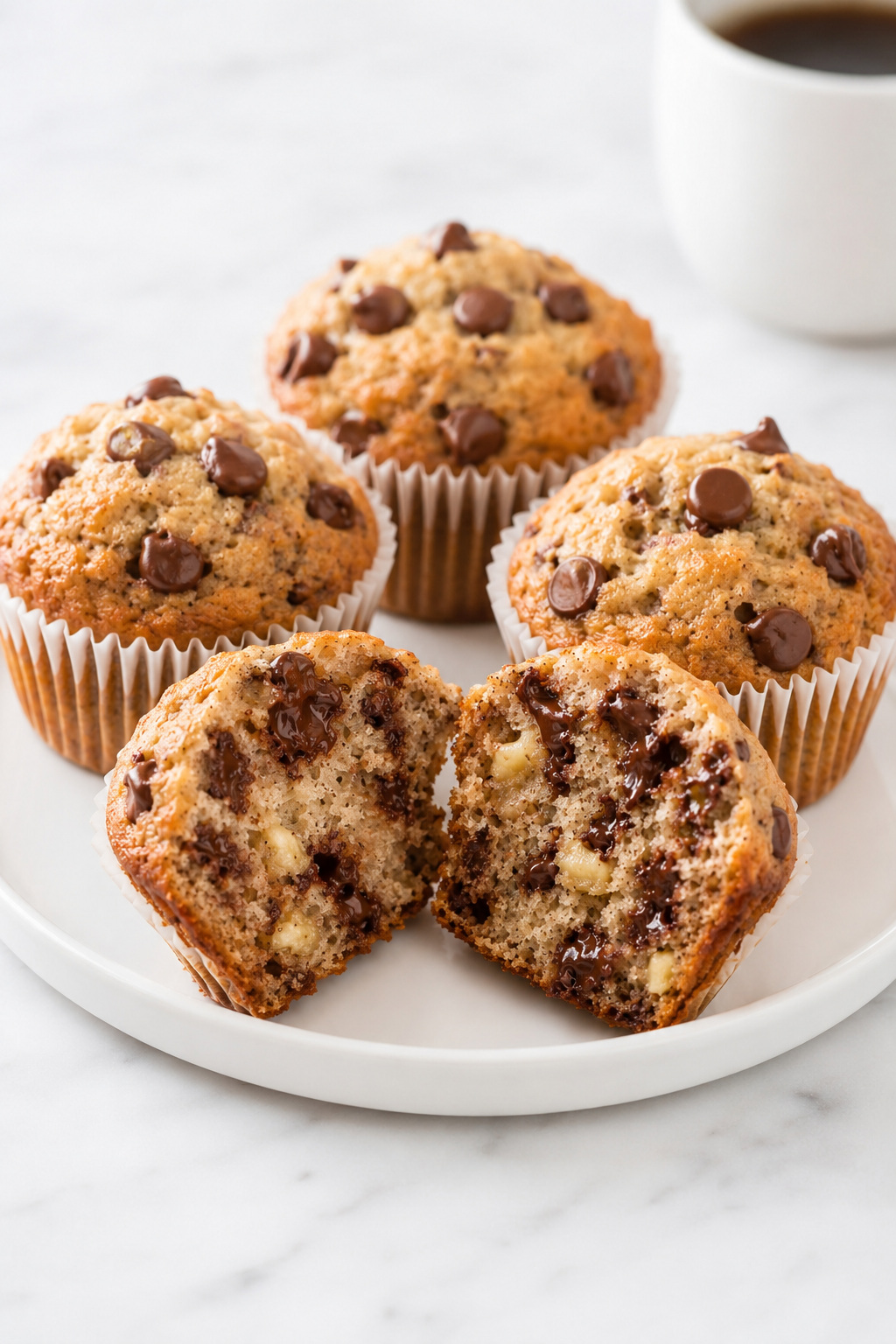 Warm banana chocolate chip muffins served with one split open to show melted chocolate.