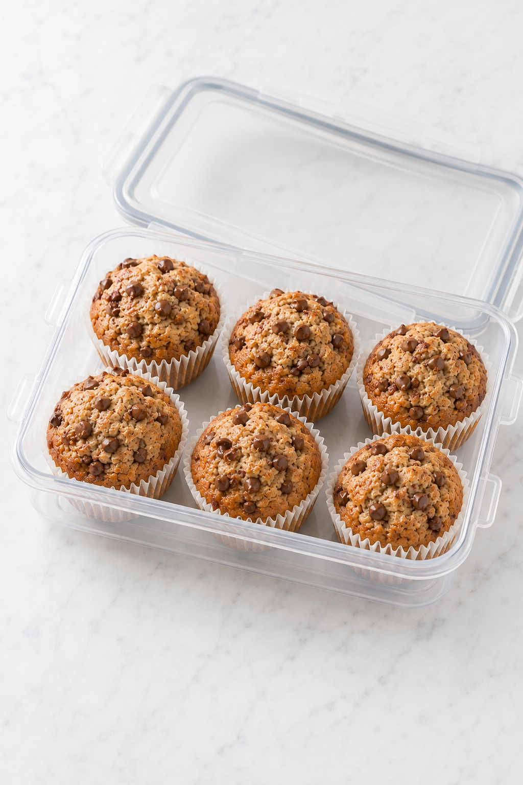 Completely cooled banana chocolate chip muffins arranged in an airtight storage container.
