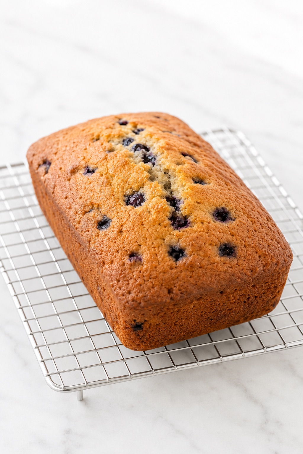 Whole blueberry bread loaf cooling intact on a wire rack before slicing.