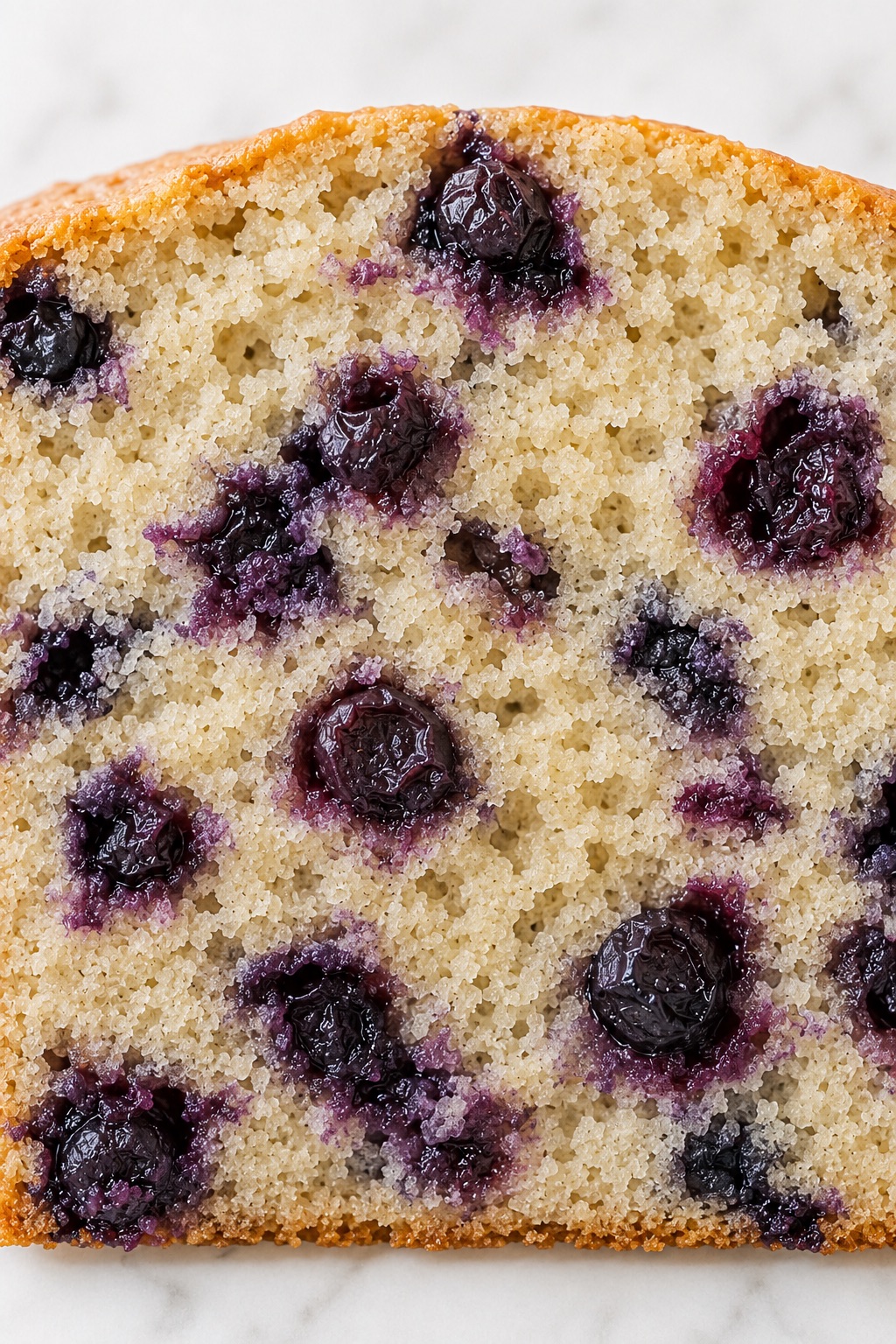 Macro close-up of fully set blueberry bread crumb with blueberries throughout.